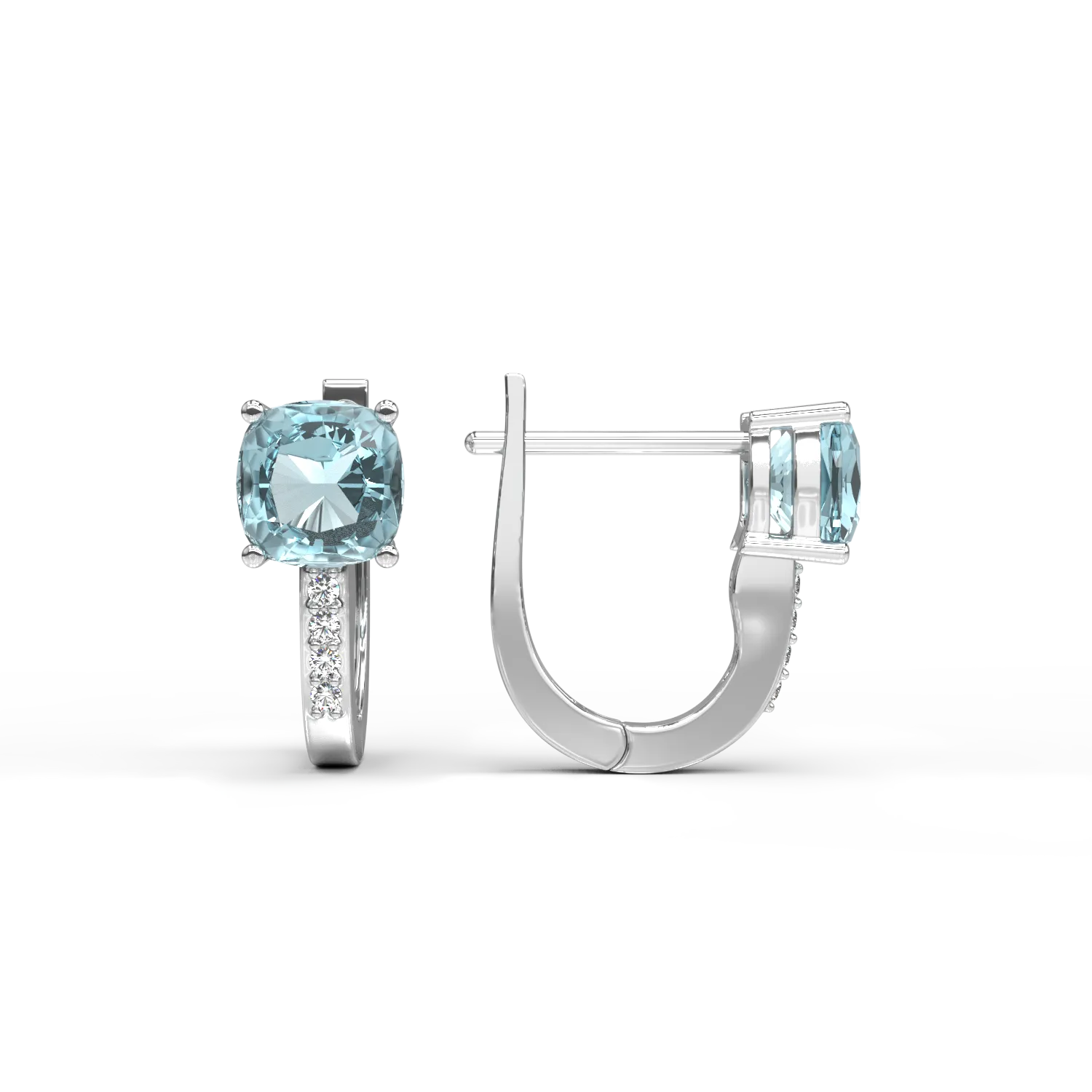 Cercei on ear din aur alb cu topaze swiss blue square de 1.3ct si diamante de 0.02