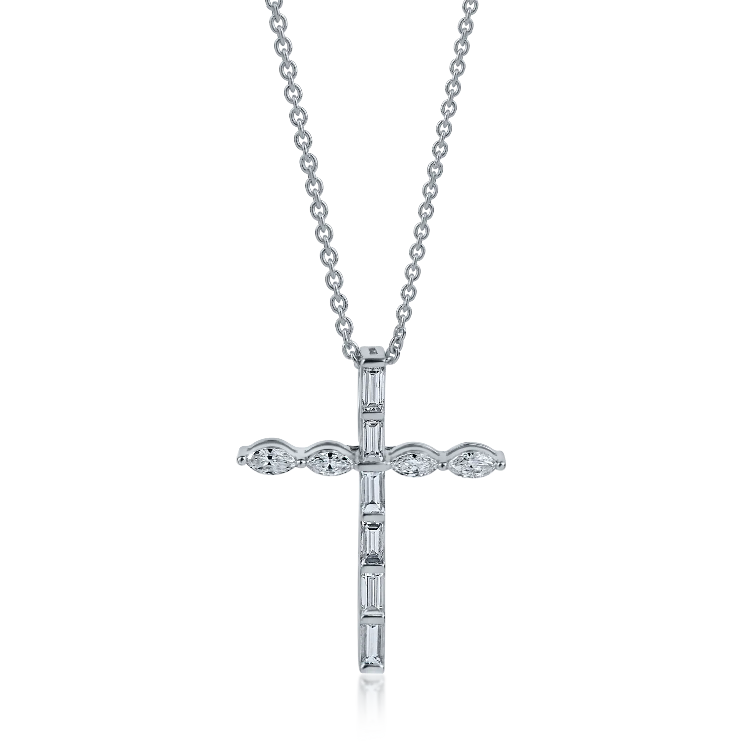 Lant cu pandantiv cruce din aur alb cu diamante marquise si rotunde de 0.46ct