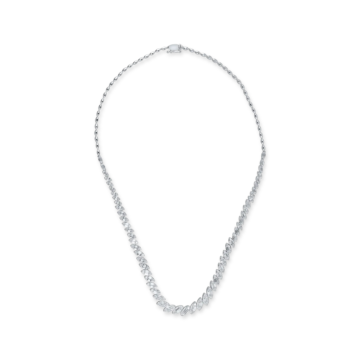 Colier tennis din aur alb cu diamante baguette si rotunde de 3.5ct