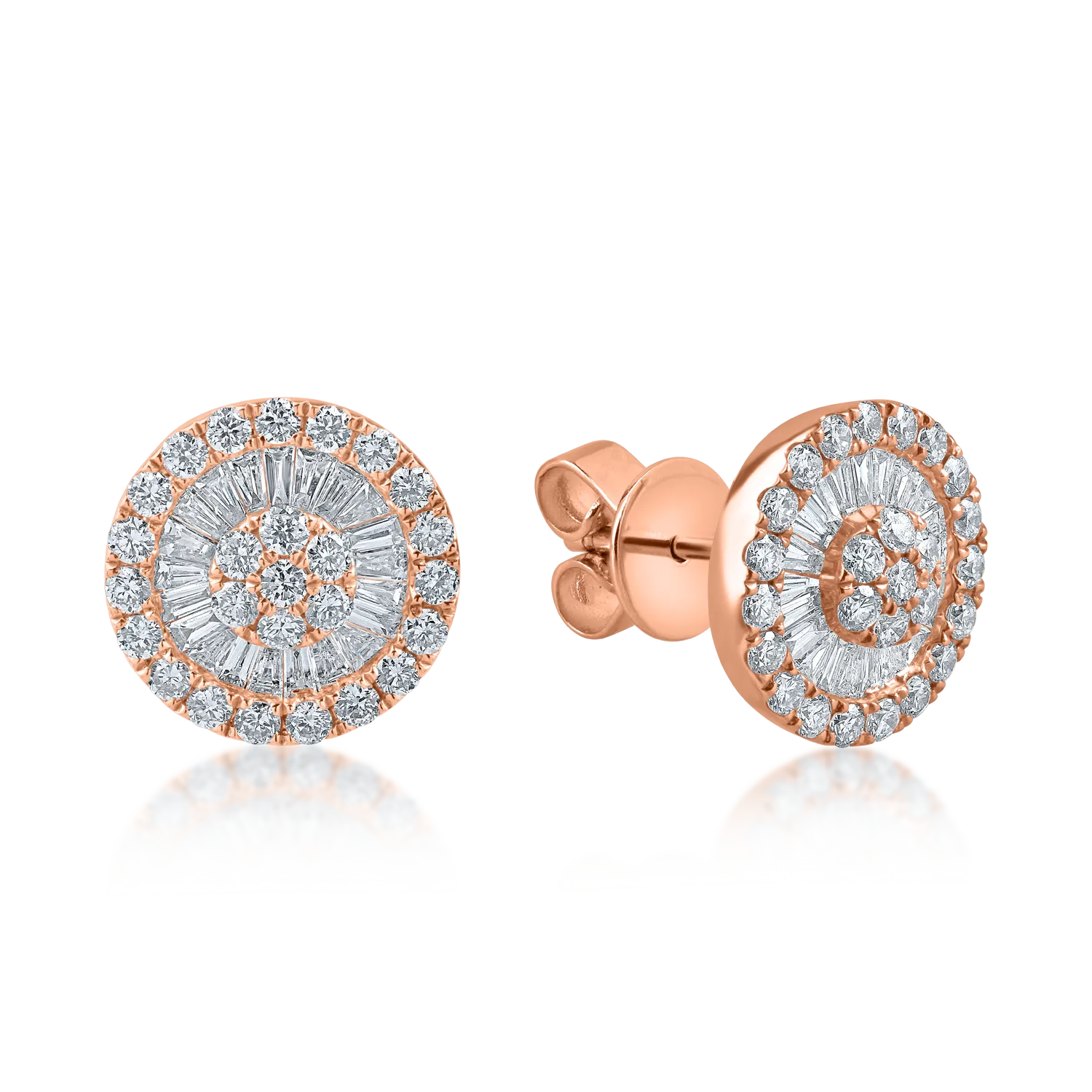 Cercei rotunzi din aur roz cu diamante baguette si rotunde de 0.9ct