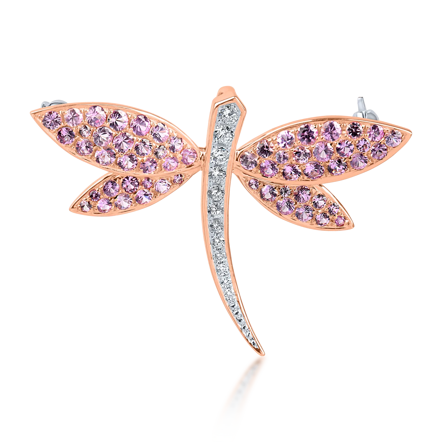 Brosa libelula din aur alb-roz cu safire roz de 1.7ct si diamante de 0.2ct