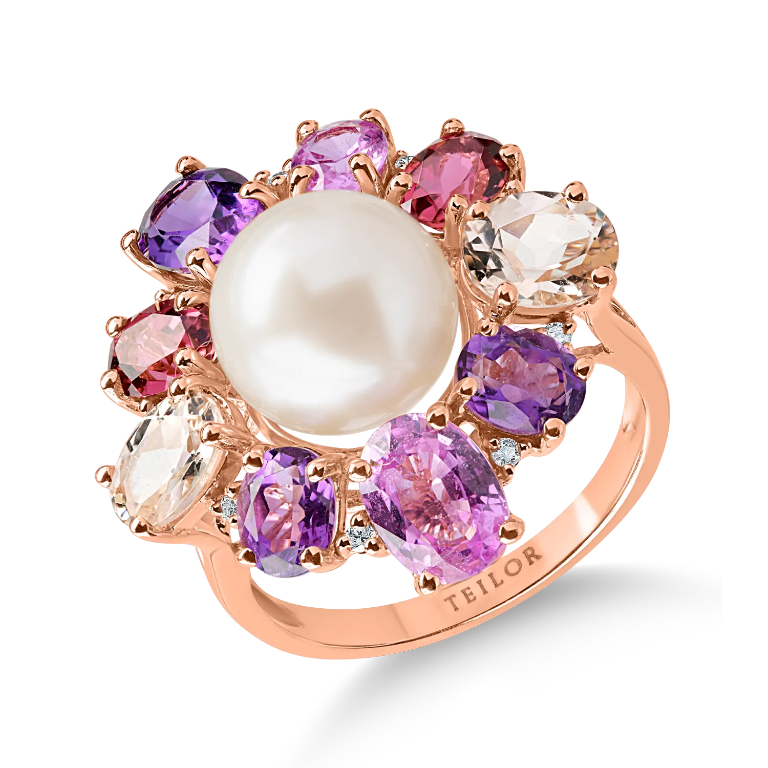 Inel floare din aur roz cu pietre pretioase si semipretioase de 11.7ct 1 Inel floare din aur roz cu pietre pretioase si semipretioase de 11.7ct