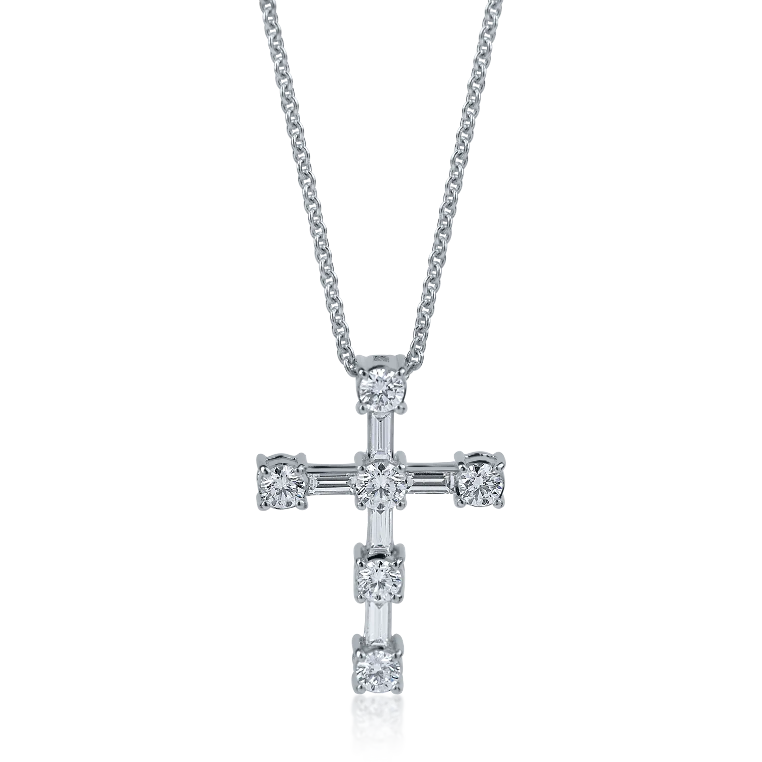 Lant cu pandantiv cruce din aur alb cu diamante baguette si rotunde de 0.8ct
