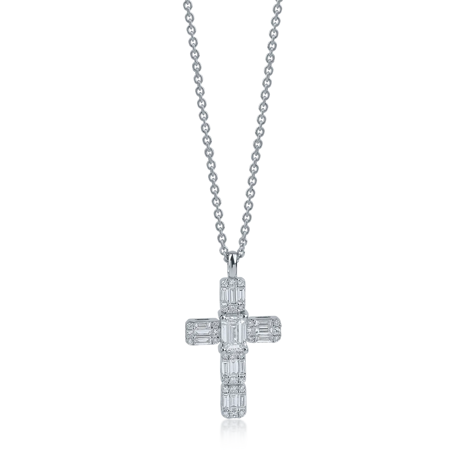 Lant cu pandantiv cruce din aur alb cu diamante baguette si rotunde de 1.1ct