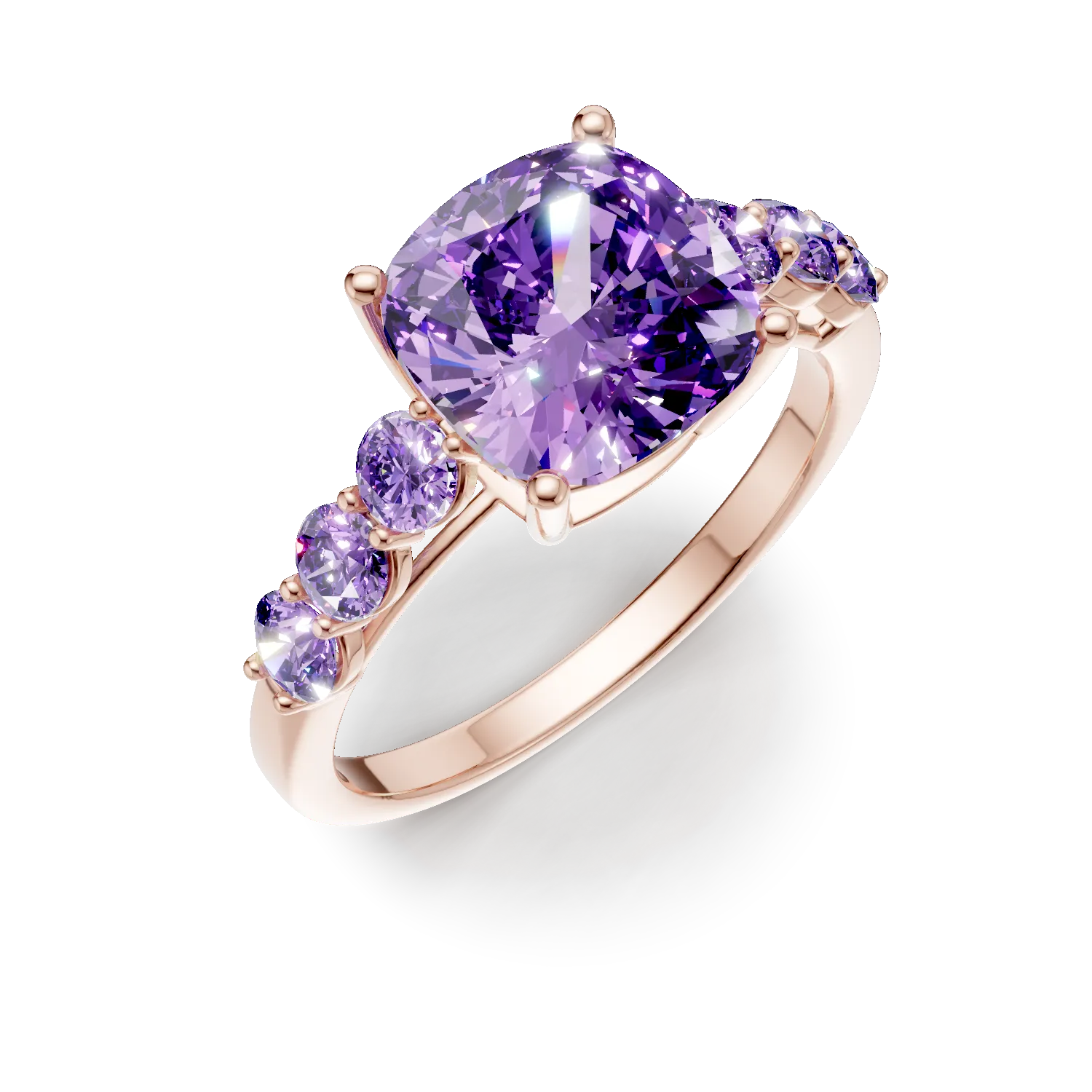 Inel din aur roz cu ametiste cushion si rotunde de 3.5ct 1 Inel din aur roz cu ametiste cushion si rotunde de 3.5ct