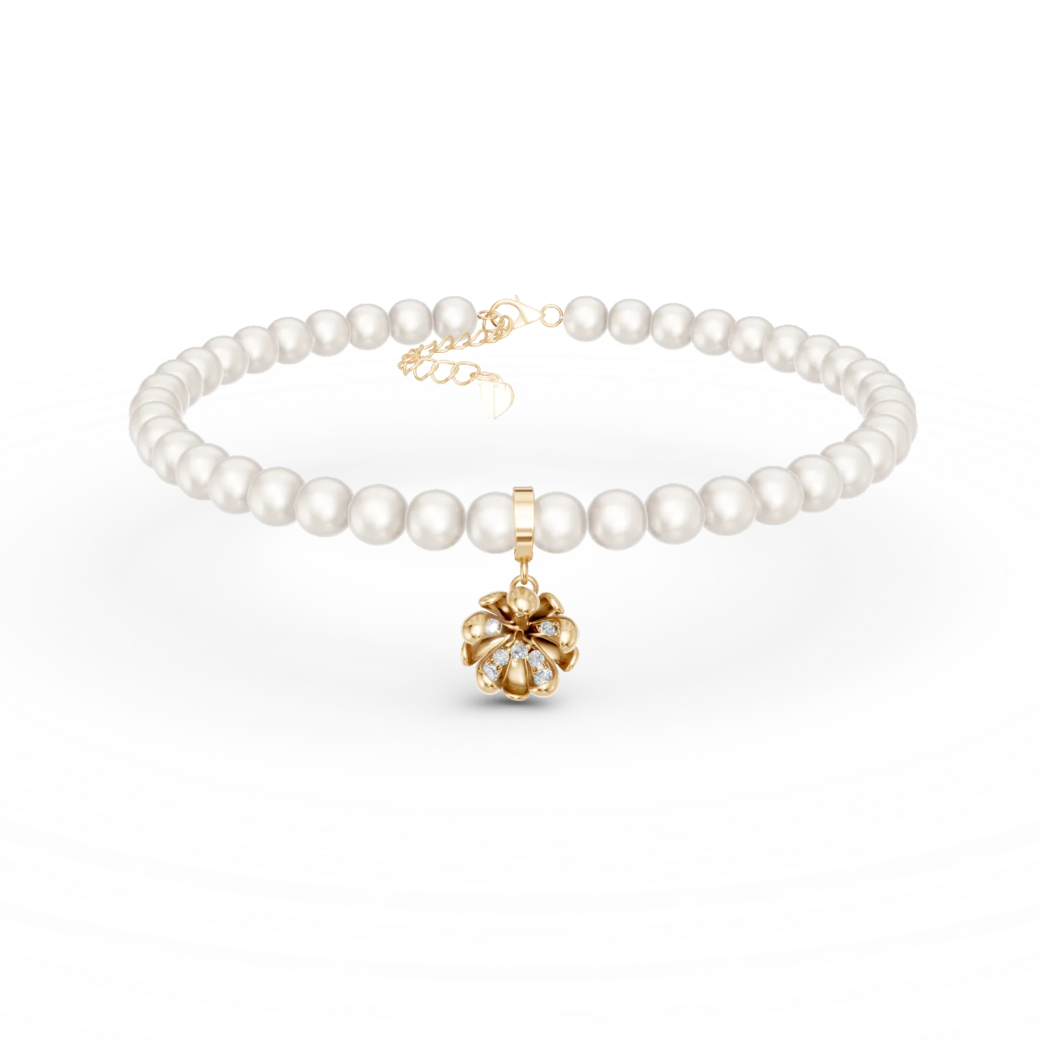 Bratara cu pandantiv floare de tei din aur galben cu diamante de 0.08ct si perle de cultura