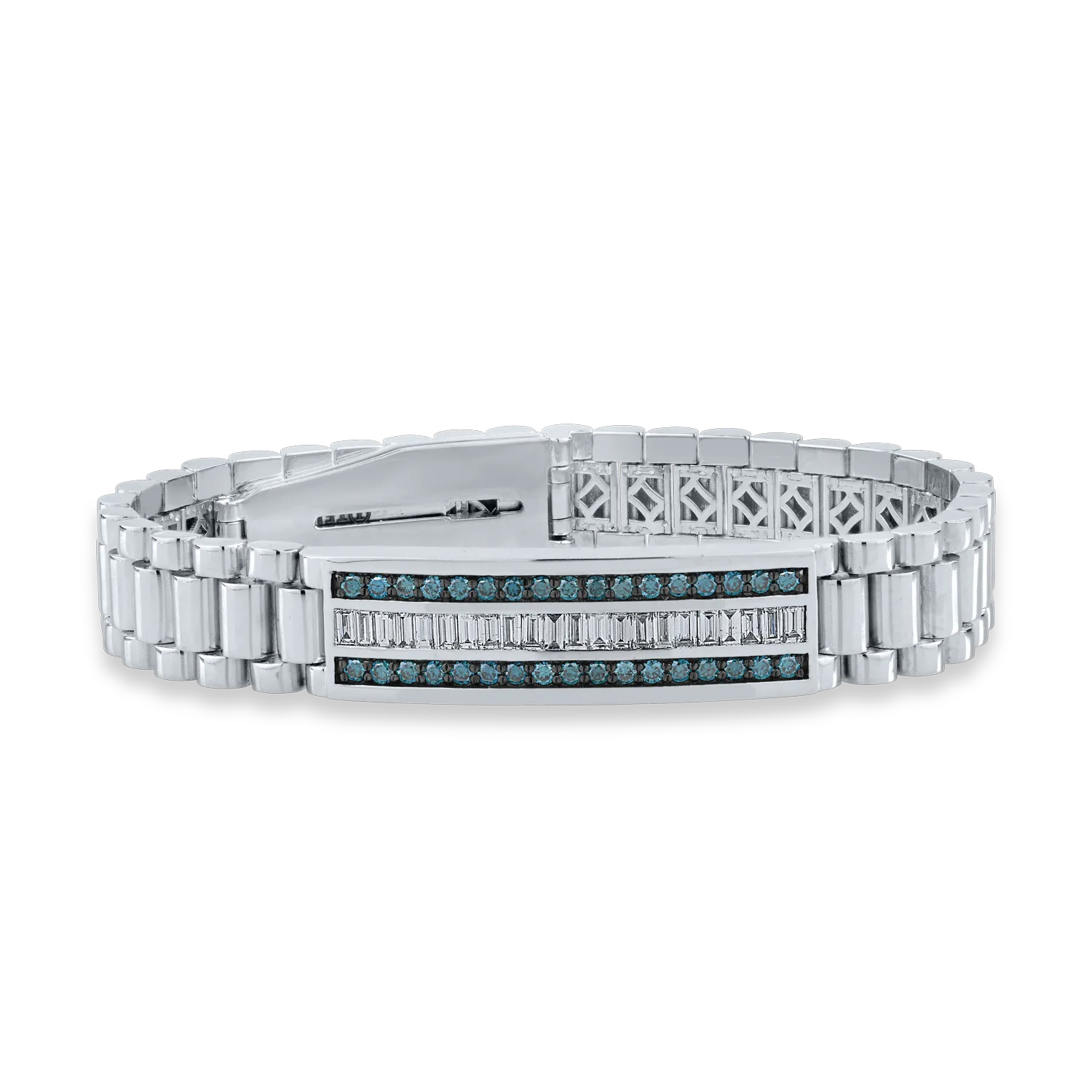 Bratara din aur alb cu diamante incolore baguette de 1.14ct si diamante albastre de 0.94ct