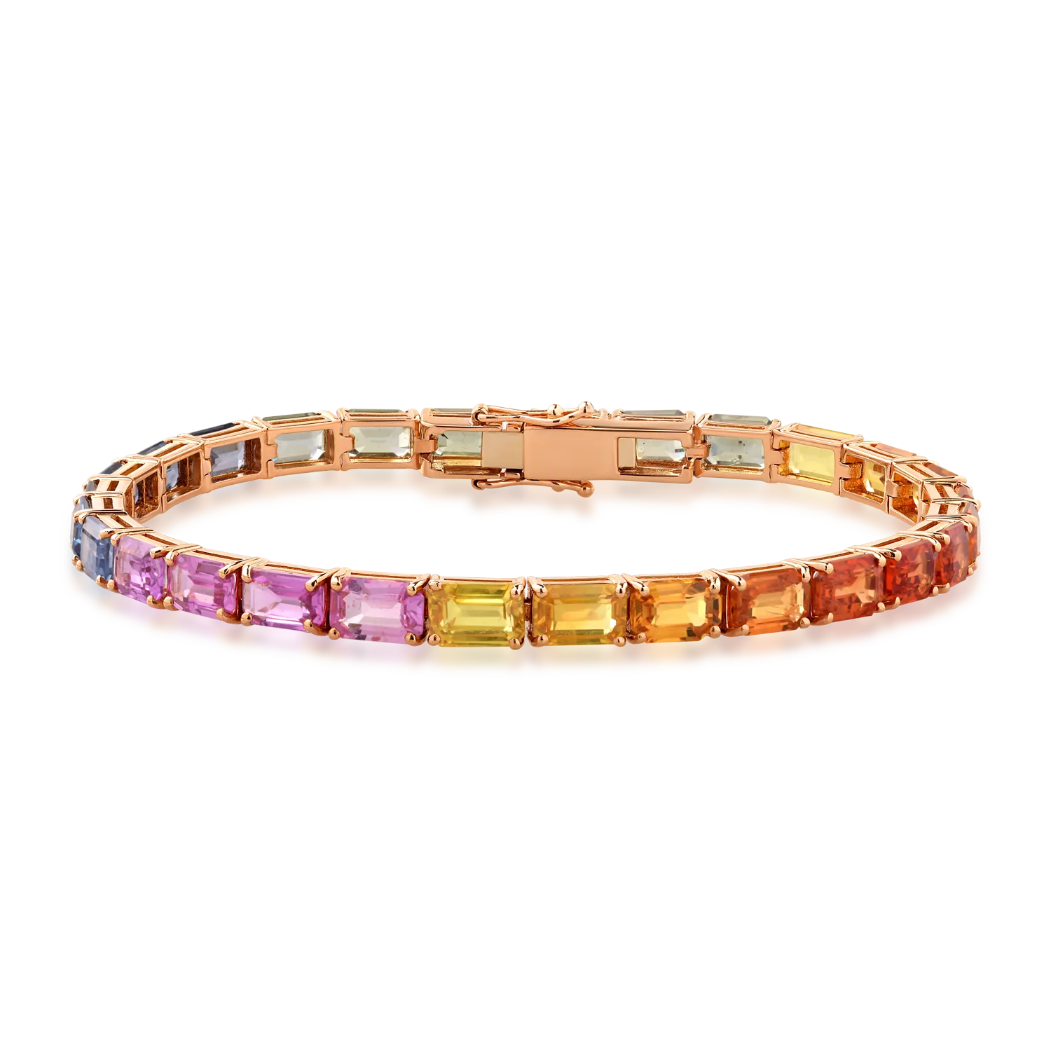 Bratara tennis din aur roz cu safire multicolore rectangulare de 18.85ct
