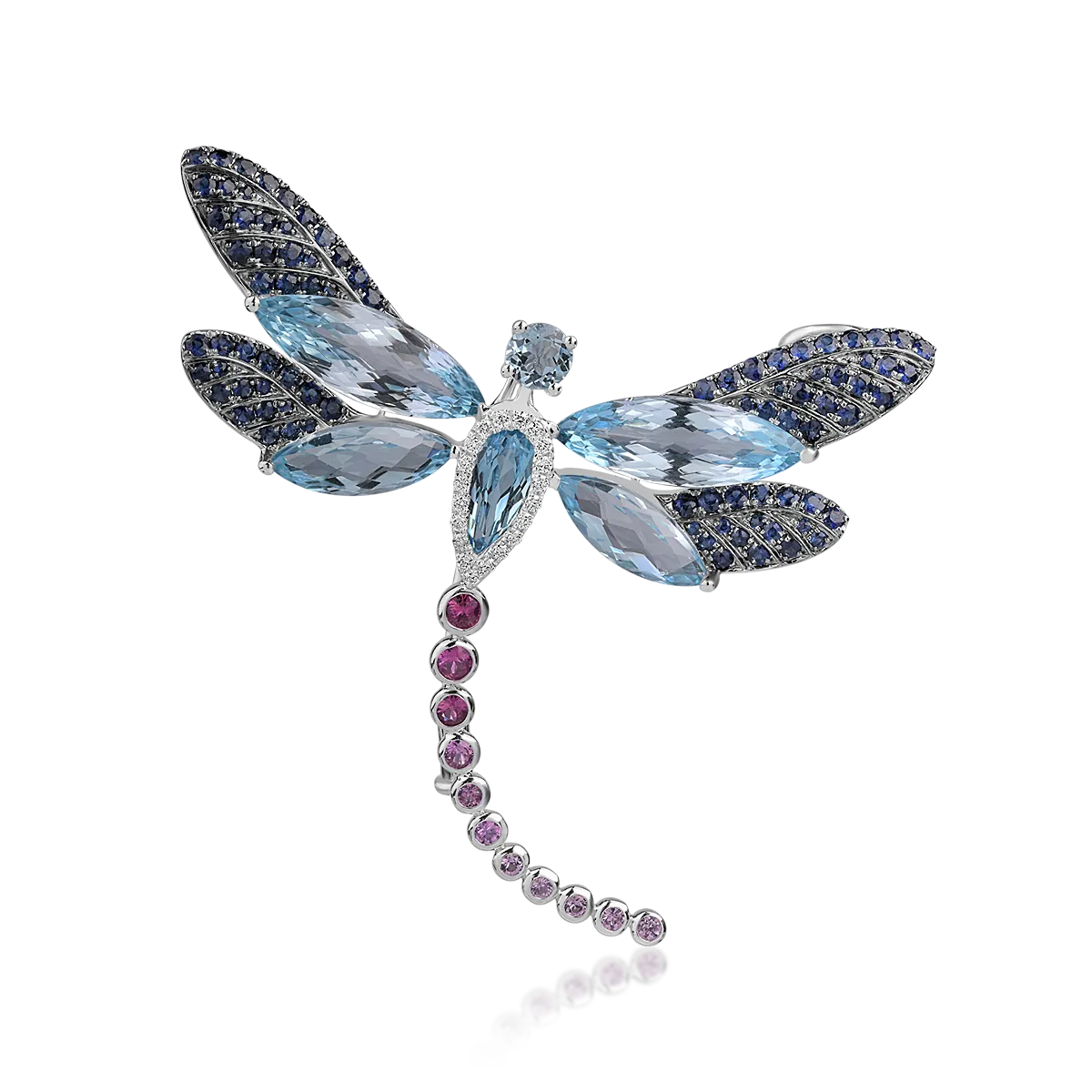 Brosa libelula din aur alb cu pietre pretioase si semipretioase de 16.73ct