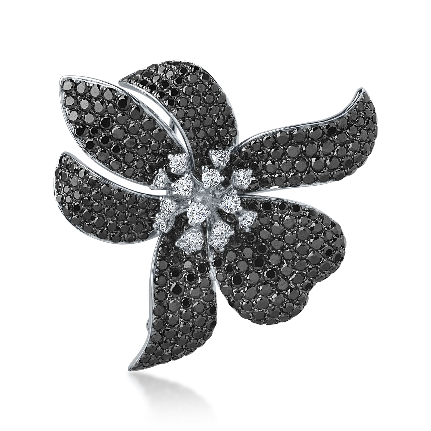 Brosa floare din aur alb cu diamante negre 8.27ct si diamante transparente de 0.89ct