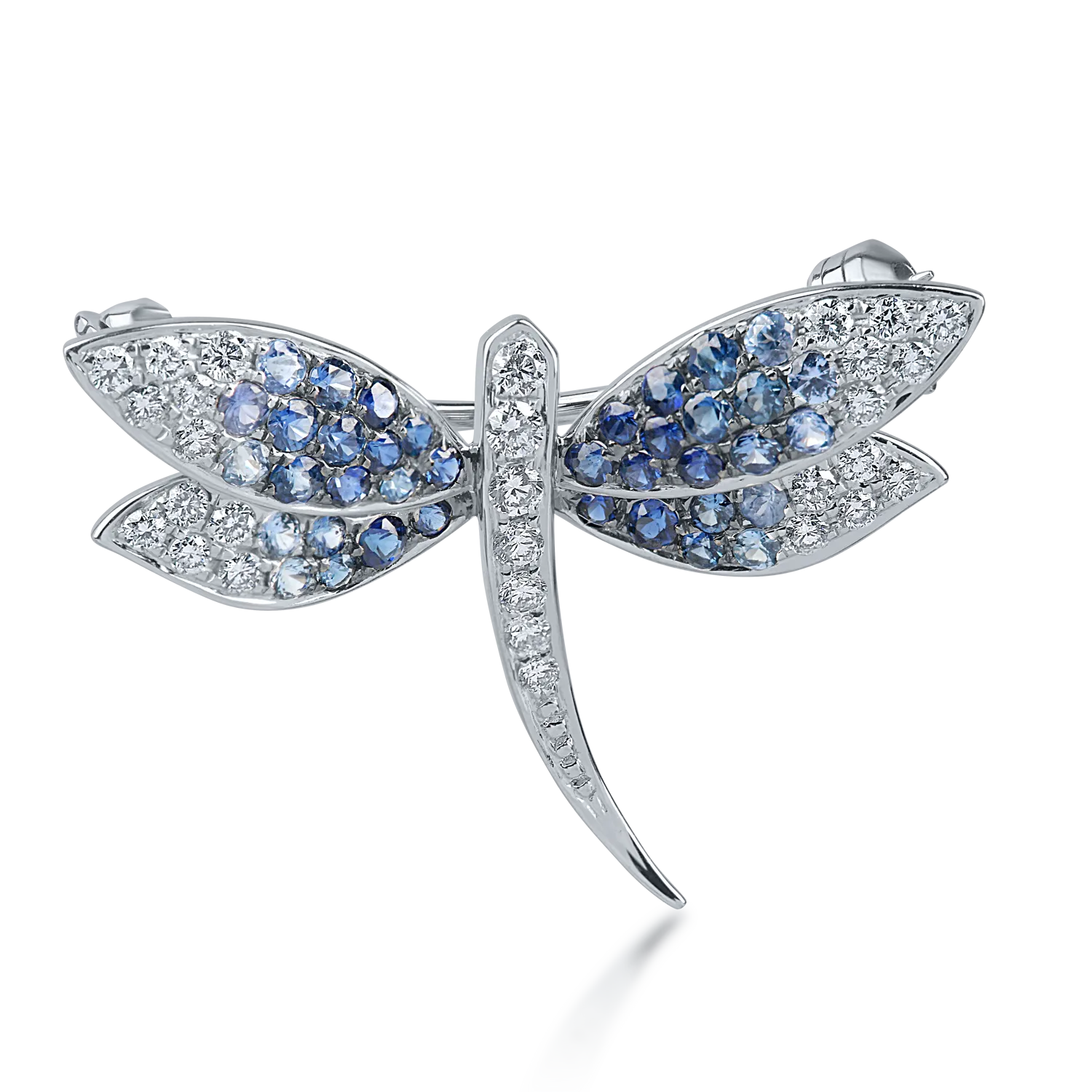 Brosa libelula din aur alb cu safire albastre de 0.51ct si diamante de 0.27ct
