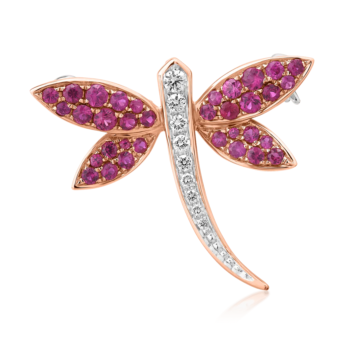 Brosa libelula din aur alb-roz cu rubin de 0.67ct si diamante de 0.11ct