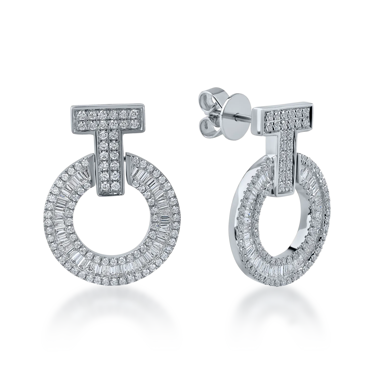 Cercei cerc din aur alb cu diamante baguette si rotunde de 1.2ct