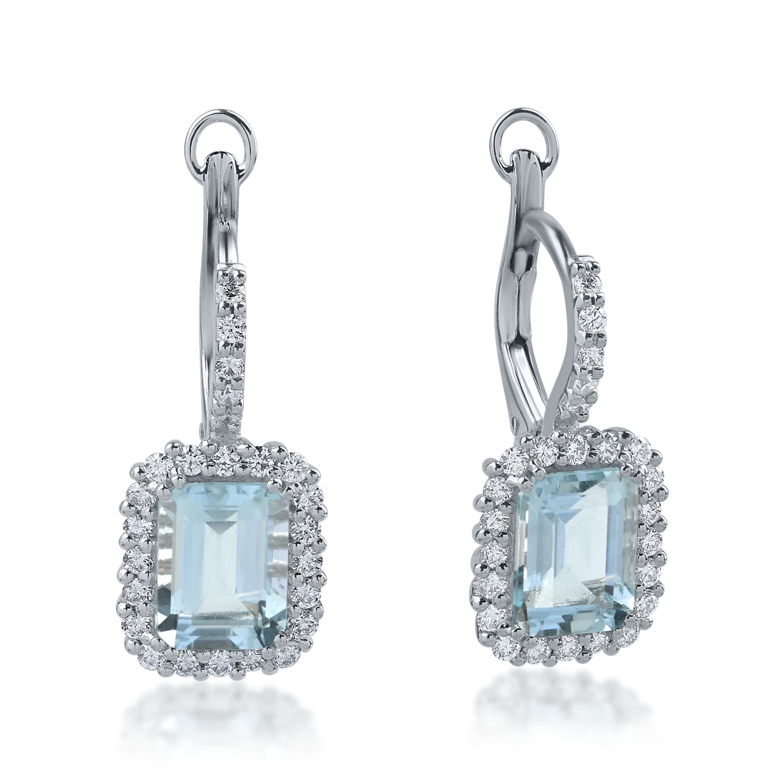 Cercei din aur alb cu acvamarine octogonale de 2.72ct si diamante de 0.54ct