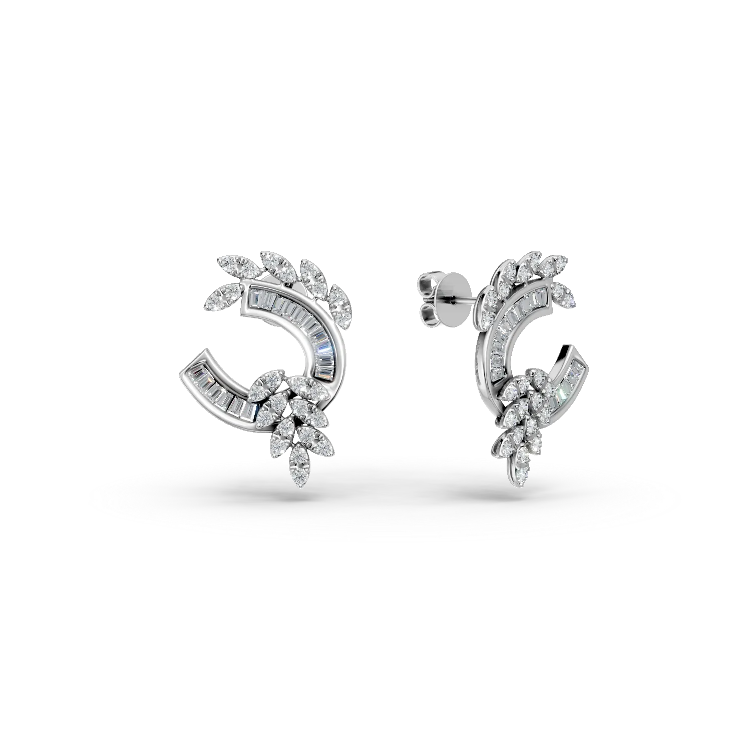 Cercei din aur alb cu diamante baguette si rotunde de 0.8ct