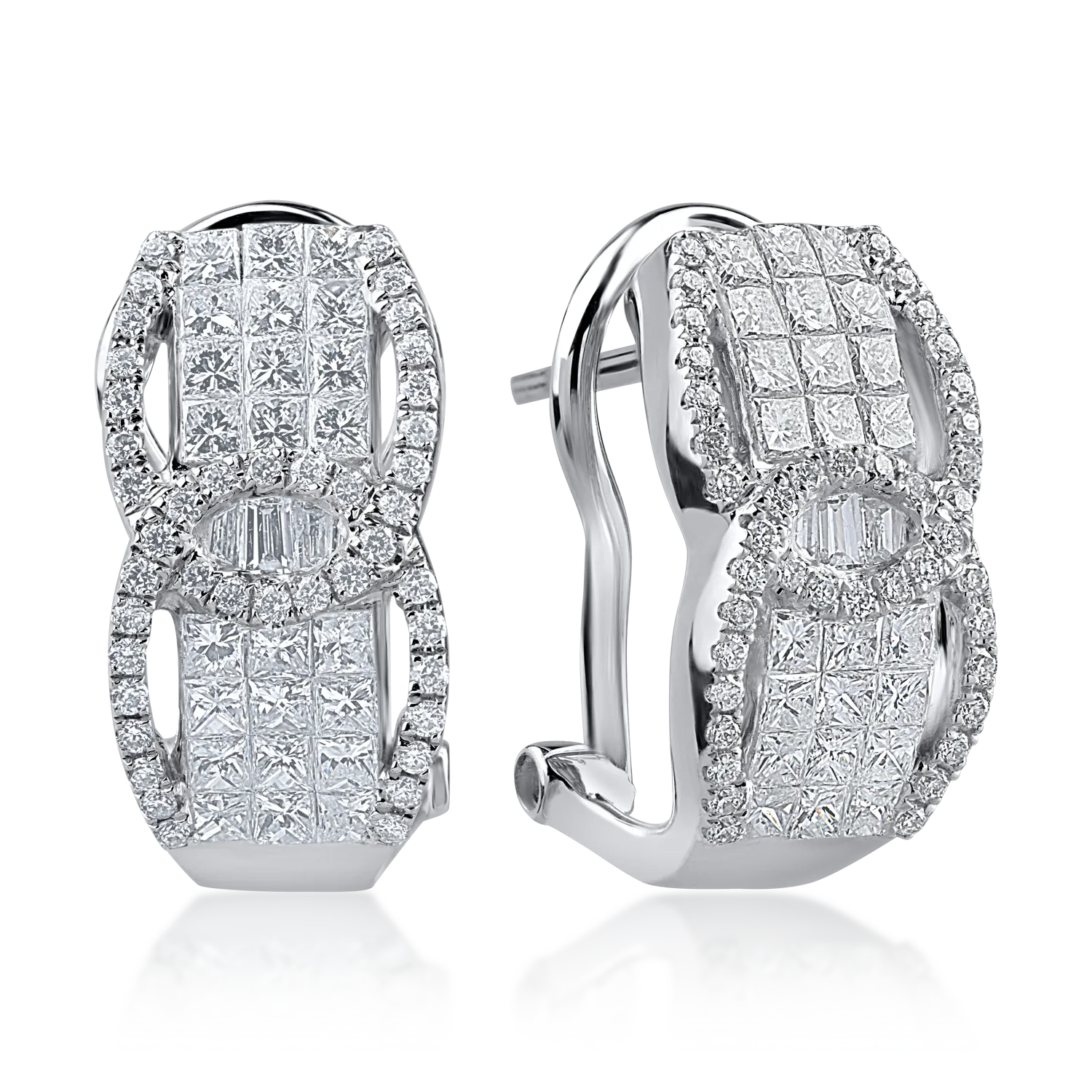 Cercei din aur alb cu diamante baguette, princess si rotunde de 1.41ct