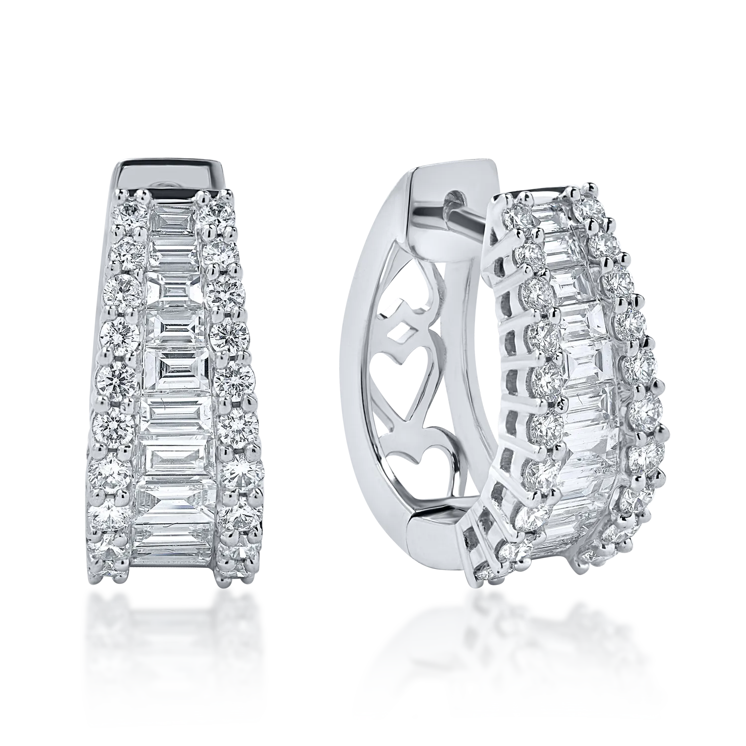 Cercei din aur alb cu diamante baguette si rotunde microsetting de 1.7ct