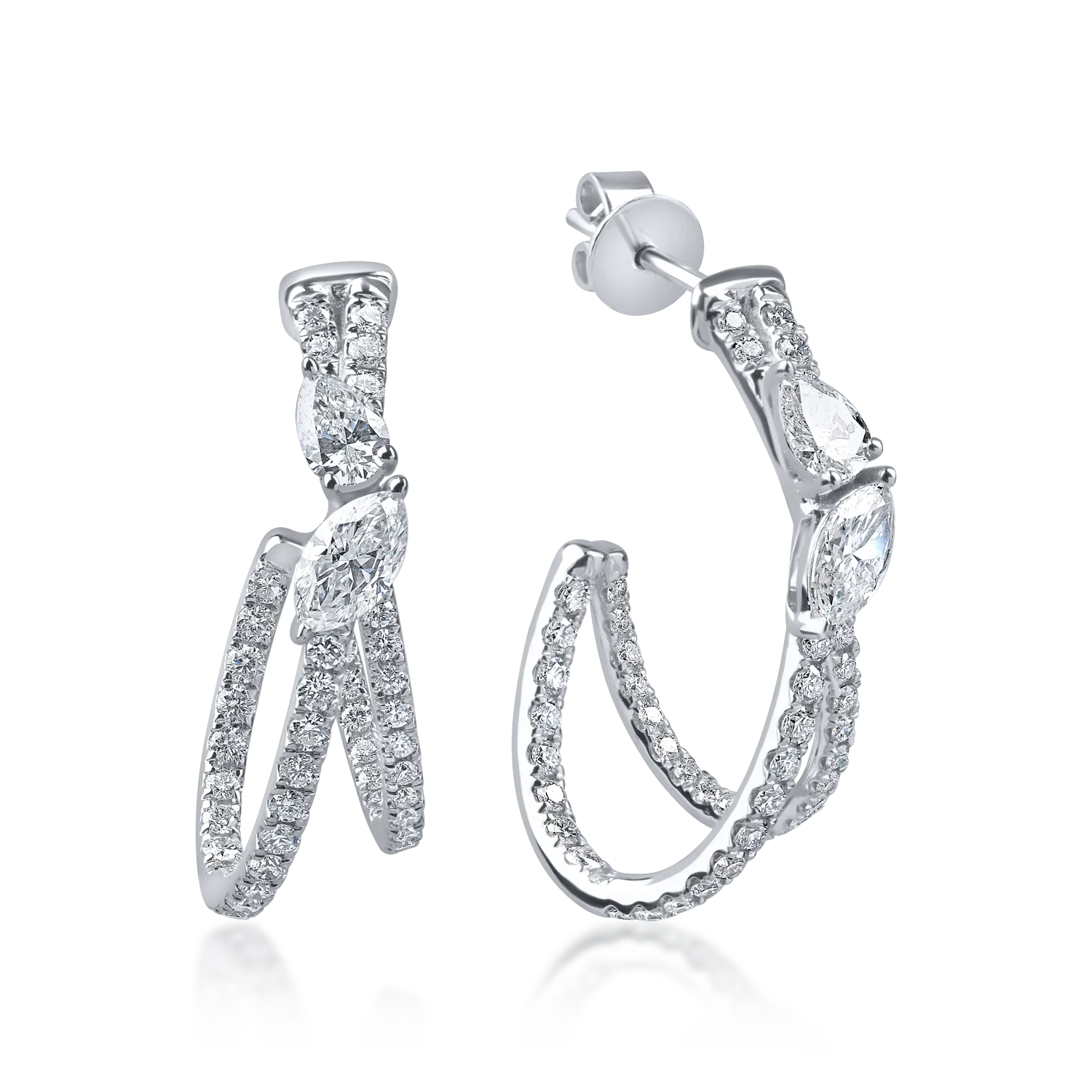 Cercei din aur alb cu diamante marquise, pear si rotunde microsetting de 1.8ct