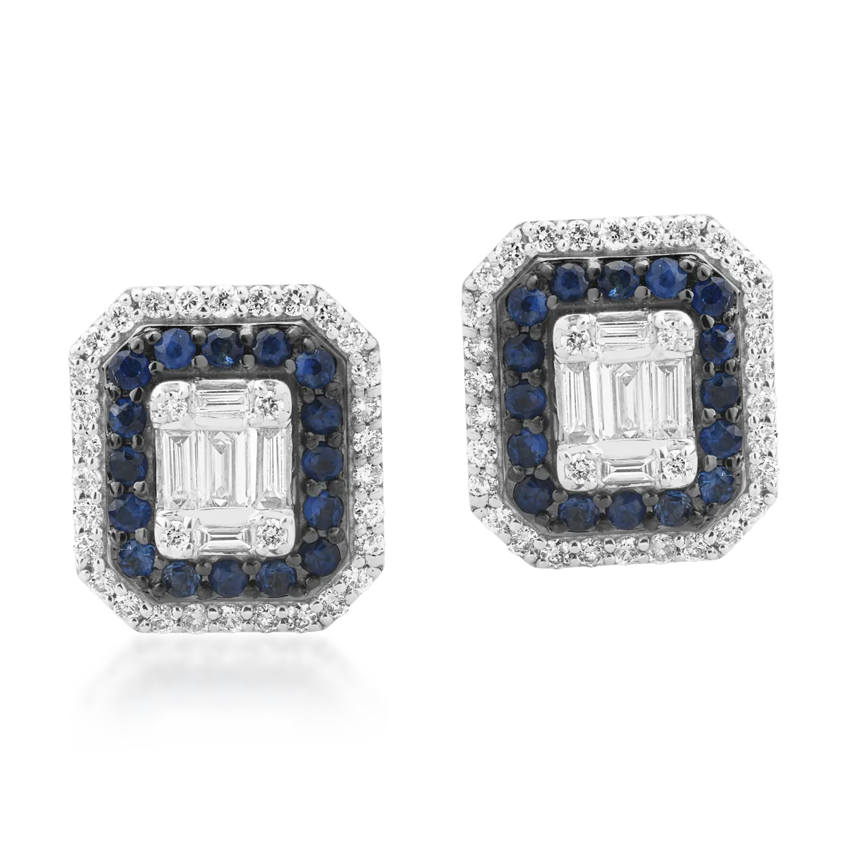 Cercei din aur alb cu diamante baguette si rotunde de 0.257ct si safire de 0.444ct