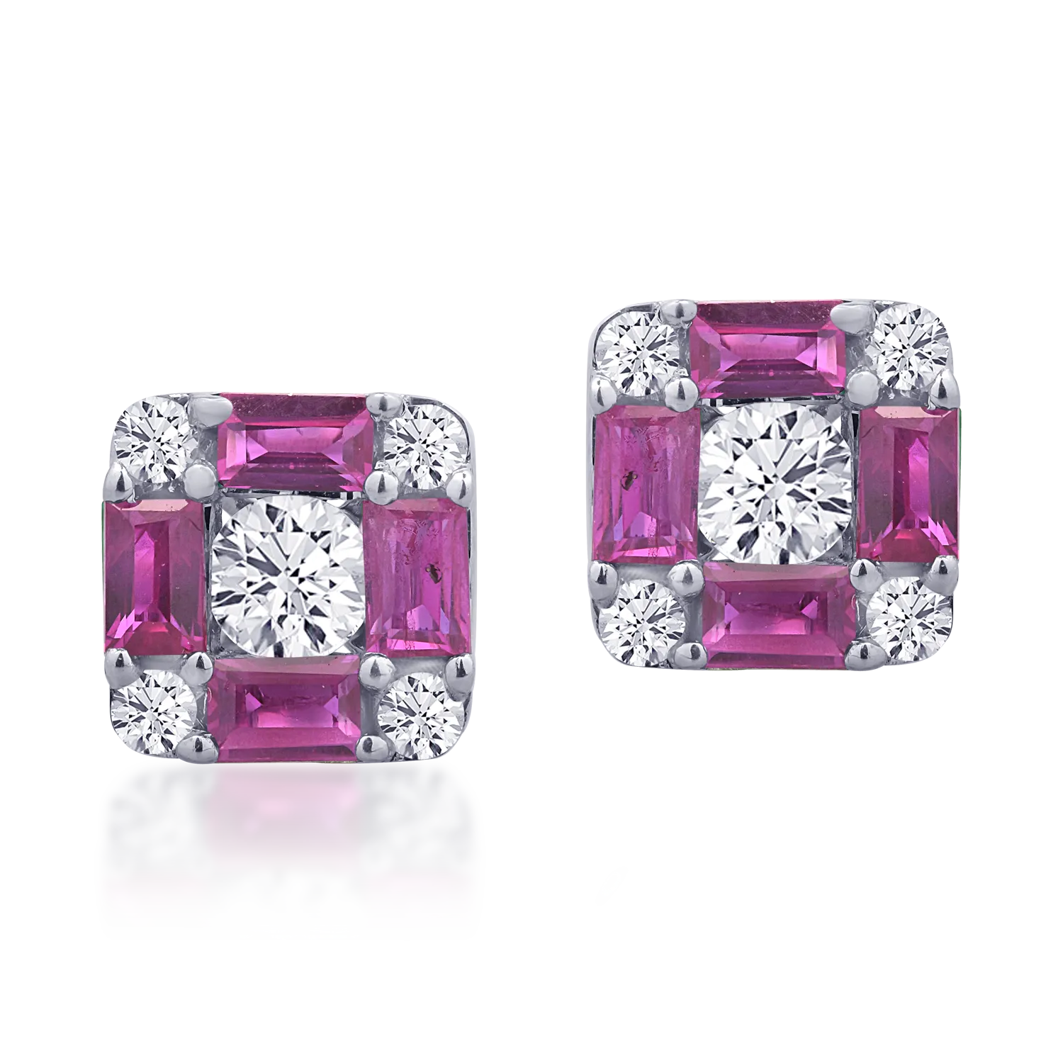 Cercei din aur alb cu rubine baguette de 0.94ct si diamante rotunde de 0.38ct 1 Cercei din aur alb cu rubine baguette de 0.94ct si diamante rotunde de 0.38ct