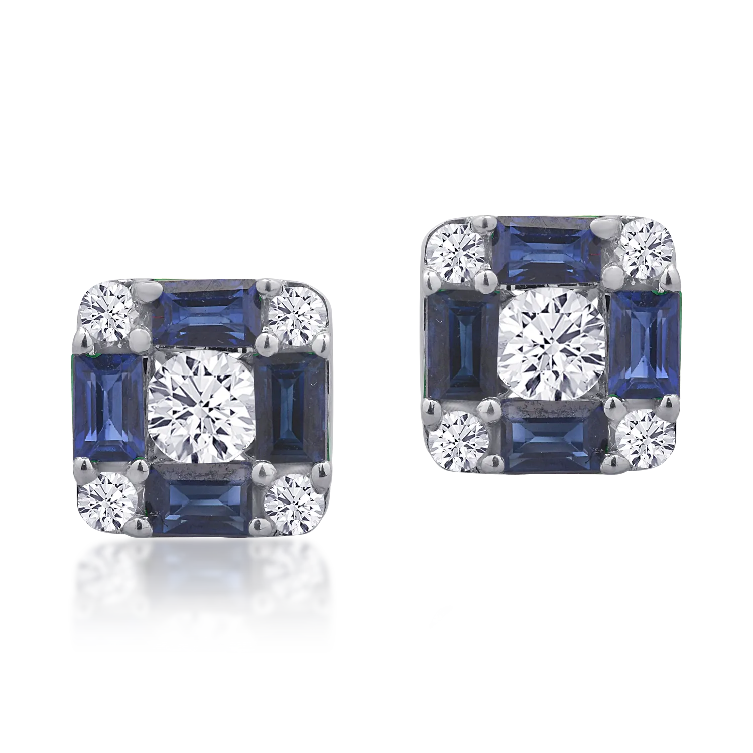 Cercei din aur alb cu safire baguette de 0.8ct si diamante rotunde de 0.38ct