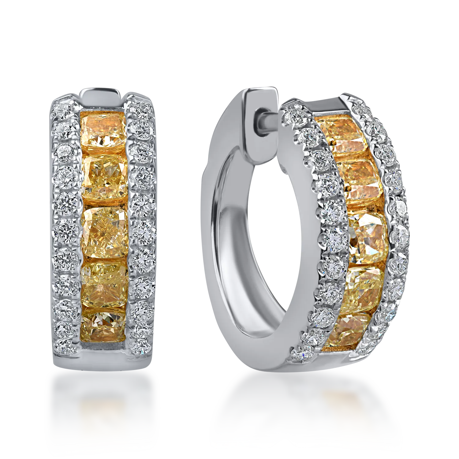 Cercei din aur alb-galben cu diamante galbene baguette si incolore rotunde de 1.6ct