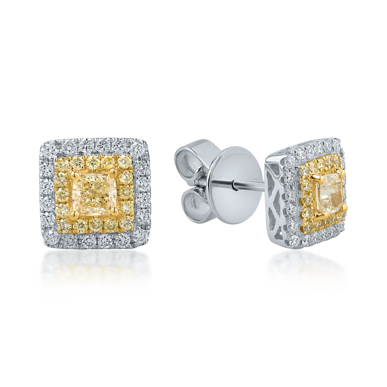 Cercei din aur alb-galben cu diamante roz rectangulare si rotunde si diamante incolore de 1.26ct