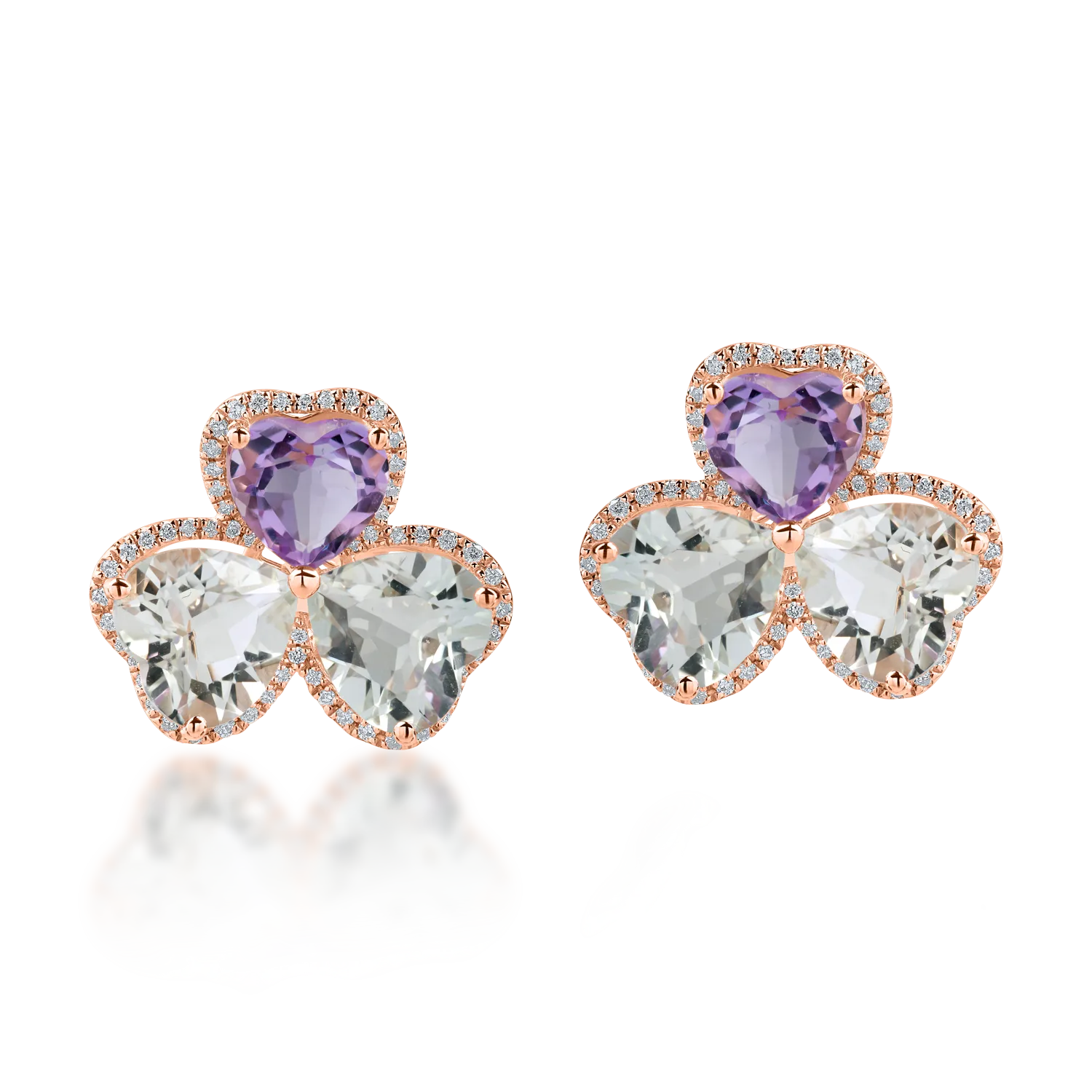 Cercei trifoi din aur roz cu ametiste heart de 8.5ct si diamante de 0.3ct