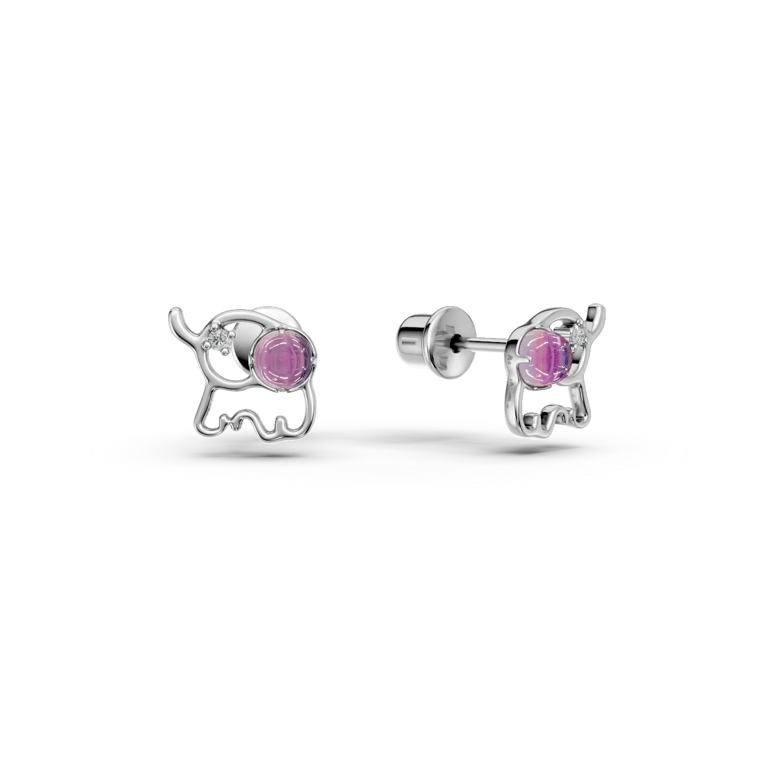 Cercei elefant din aur alb cu ametiste de 0.09ct si diamante de 0.008ct pentru copii 1 Cercei elefant din aur alb cu ametiste de 0.09ct si diamante de 0.008ct pentru copii