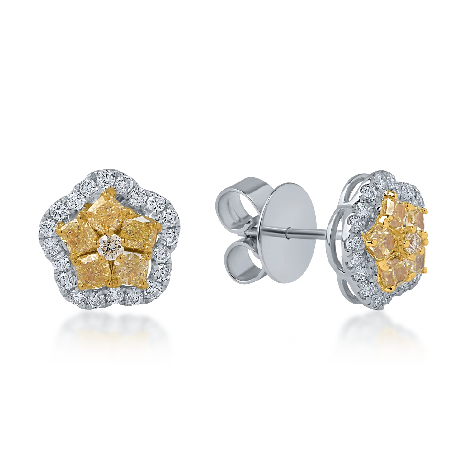 Cercei floare din aur alb-galben cu diamante galbene si incolore de 1.5ct 1 Cercei floare din aur alb-galben cu diamante galbene si incolore de 1.5ct