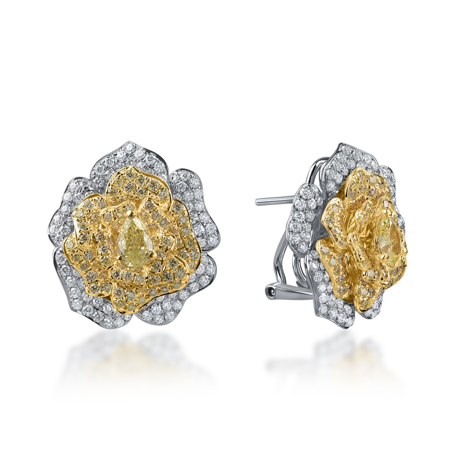 Cercei floare din aur alb-galben cu diamante galbene si incolore round si pear de 2.6ct 1 Cercei floare din aur alb-galben cu diamante galbene si incolore round si pear de 2.6ct