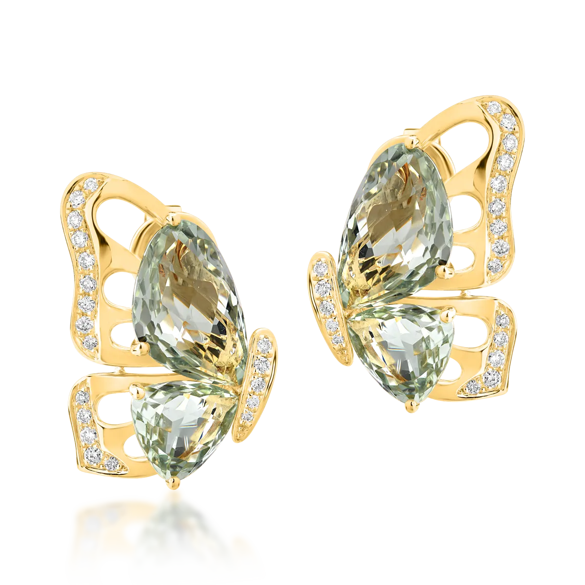 Cercei fluture din aur galben cu ametiste verzi de 7.7ct si diamante de 0.28ct 1 Cercei fluture din aur galben cu ametiste verzi de 7.7ct si diamante de 0.28ct