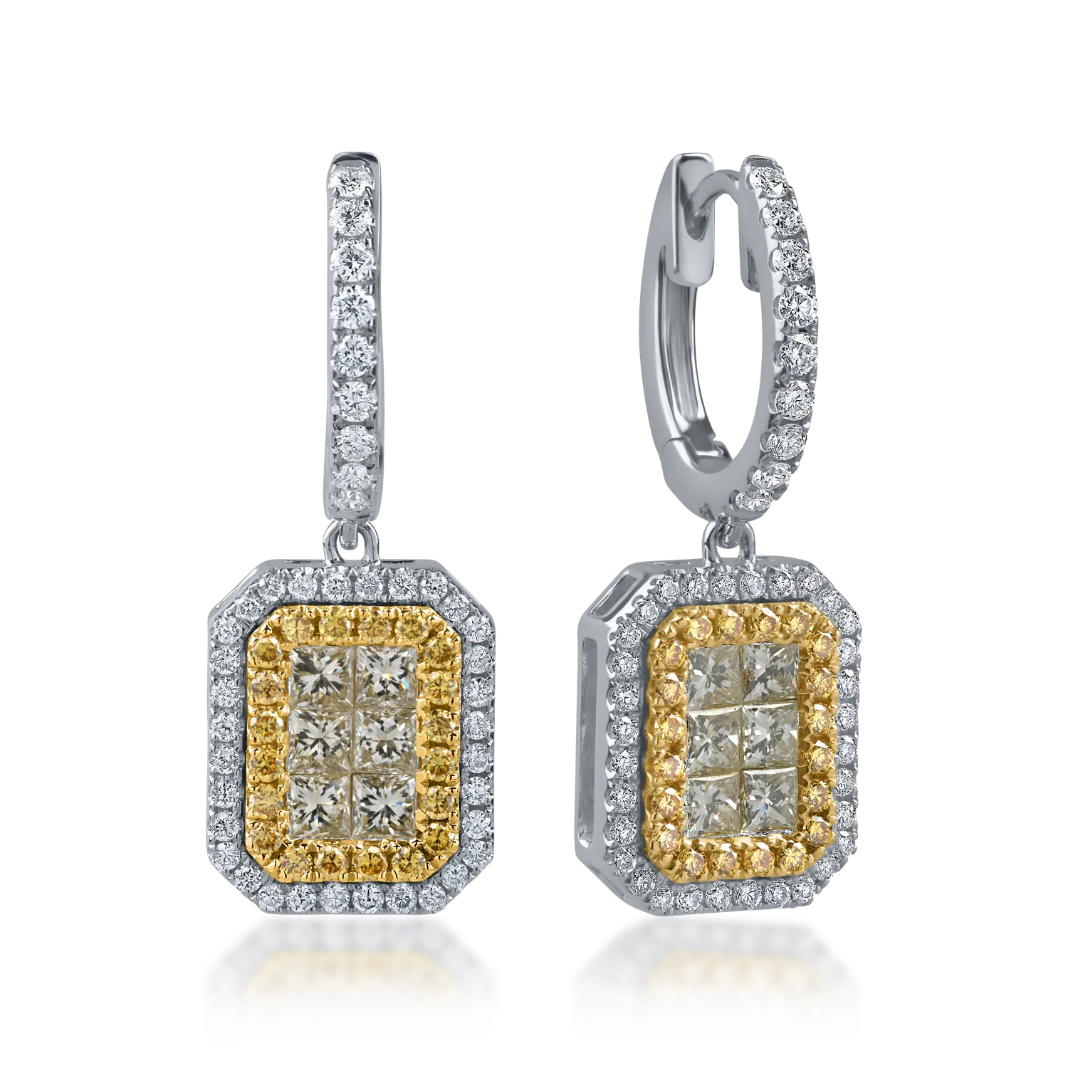 Cercei geometrici din aur alb-galben cu diamante galbene princess si rotunde si diamante incolore de 1.5ct