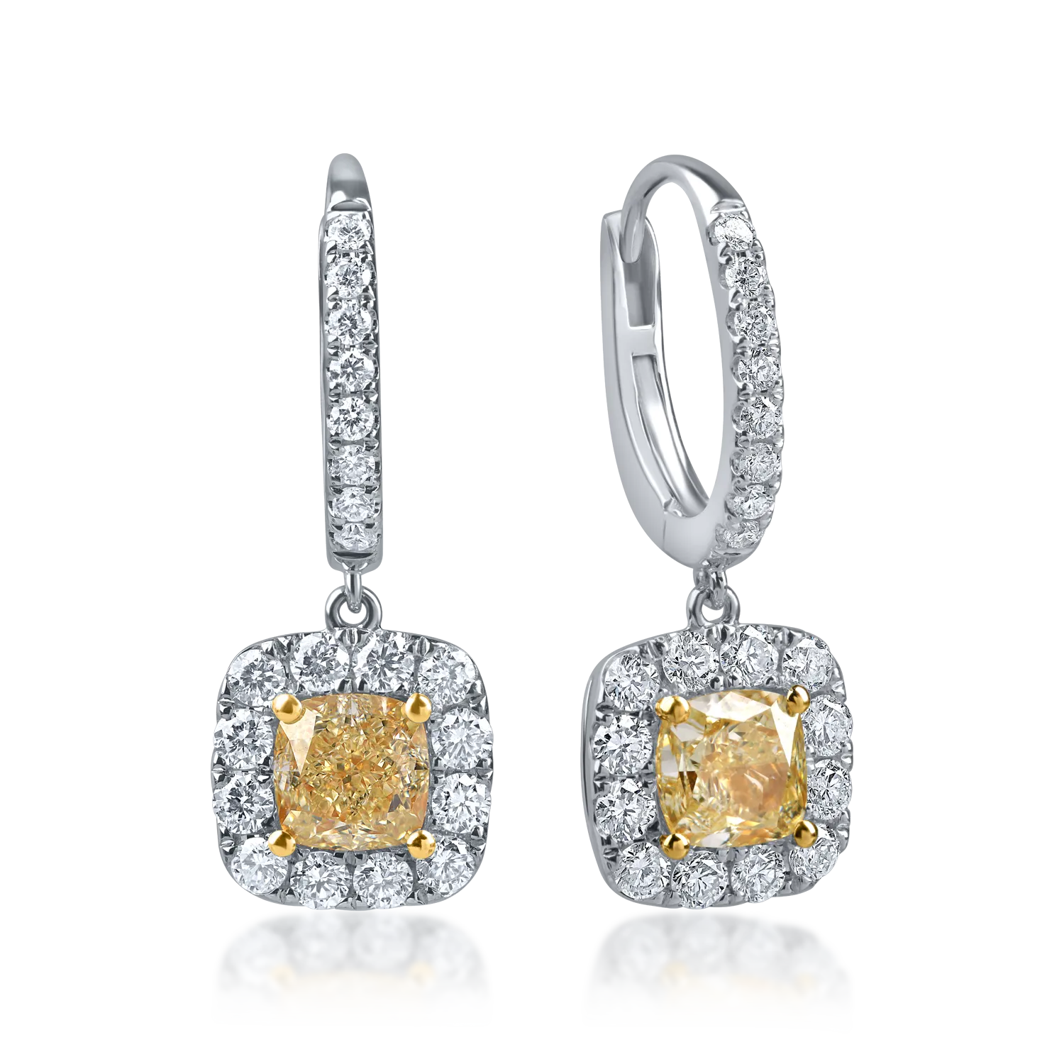 Cercei geometrici din aur alb-galben cu diamante galbene cushion si incolore de 2.1ct