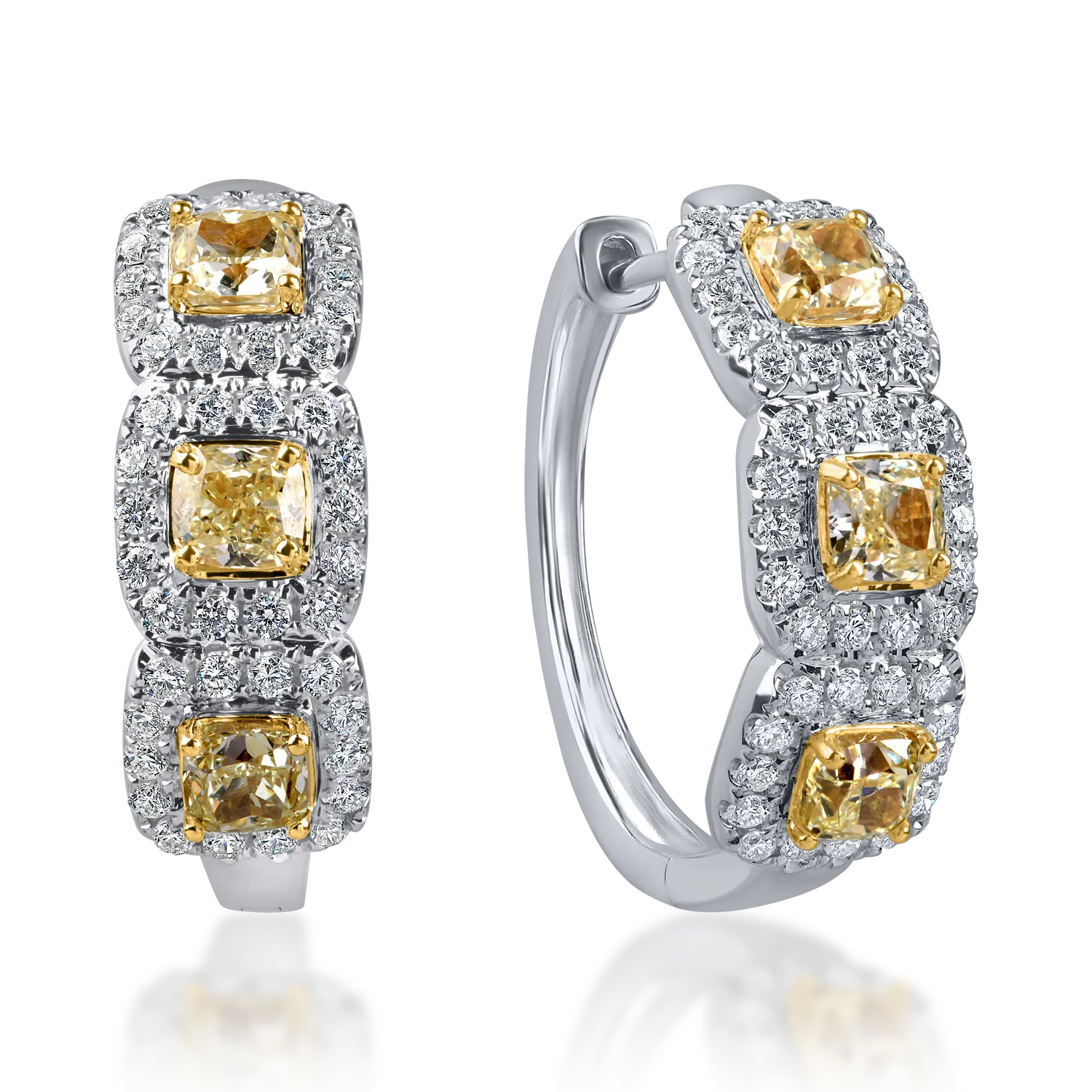 Cercei geometrici din aur alb-galben cu diamante galbene square si incolore rotunde de 2.2ct 1 Cercei geometrici din aur alb-galben cu diamante galbene square si incolore rotunde de 2.2ct