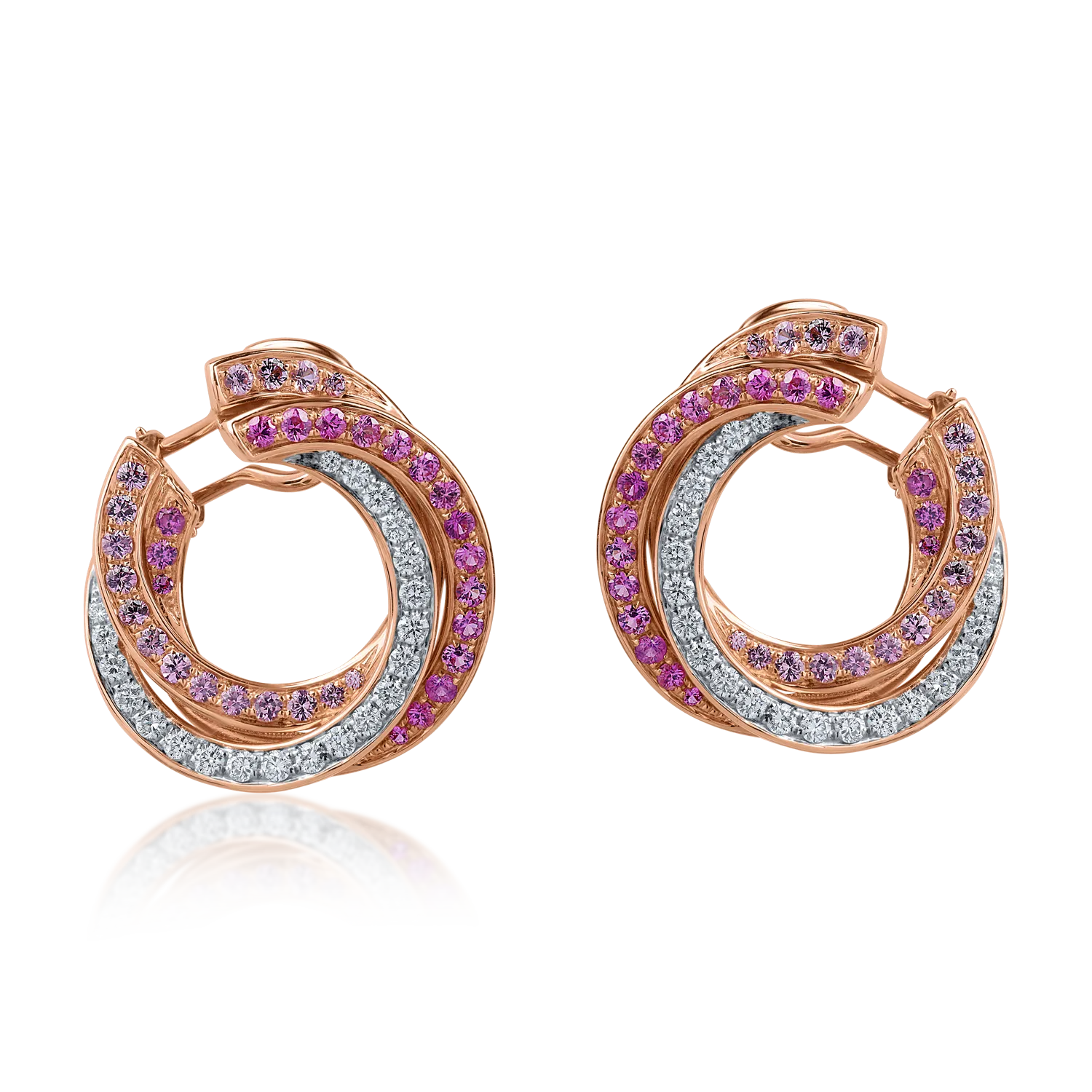 Cercei geometrici din aur roz cu safire roz si diamante de 2.3ct 1 Cercei geometrici din aur roz cu safire roz si diamante de 2.3ct