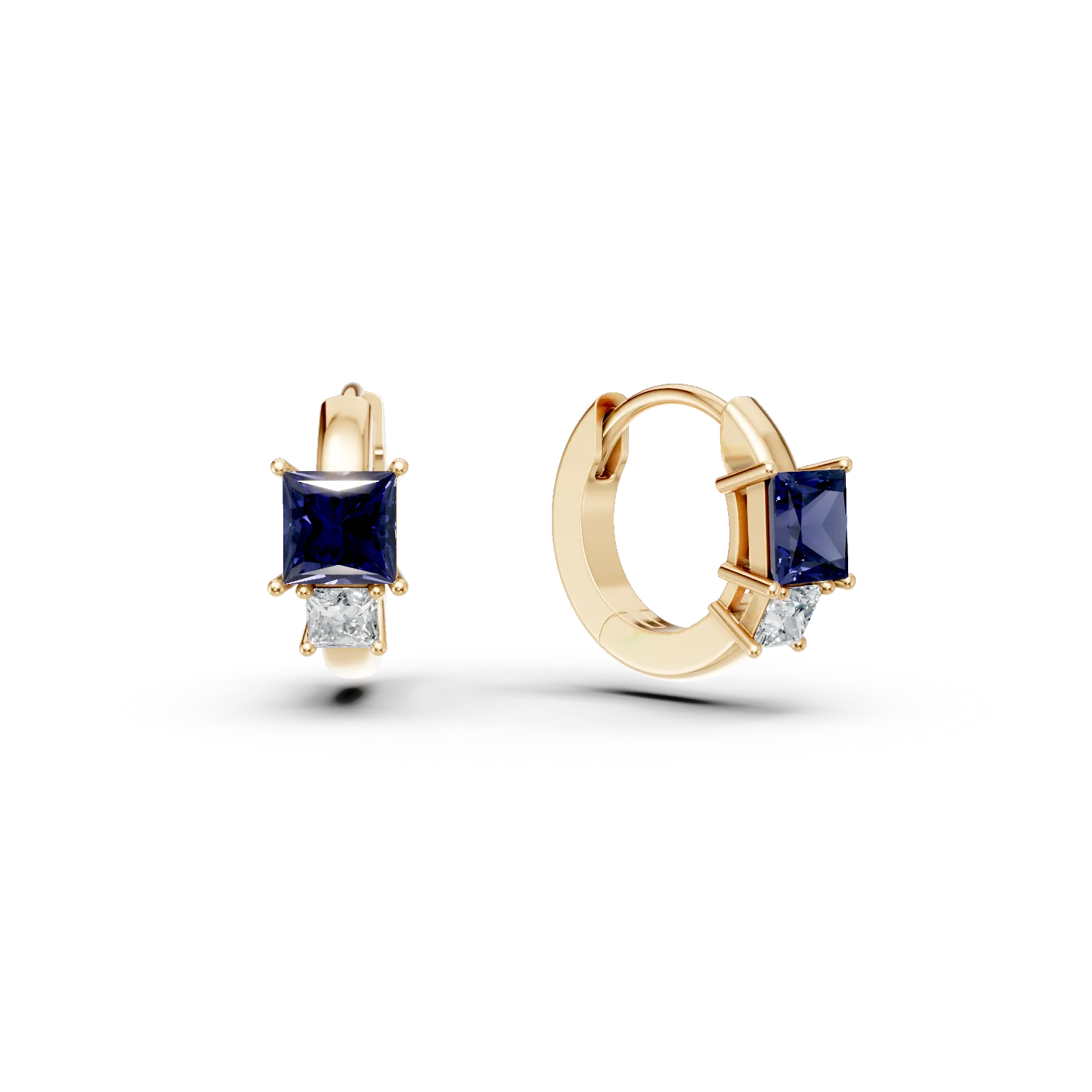 Cercei hoop din aur galben cu safire square de 0.3ct si diamante de 0.06ct 1 Cercei hoop din aur galben cu safire square de 0.3ct si diamante de 0.06ct