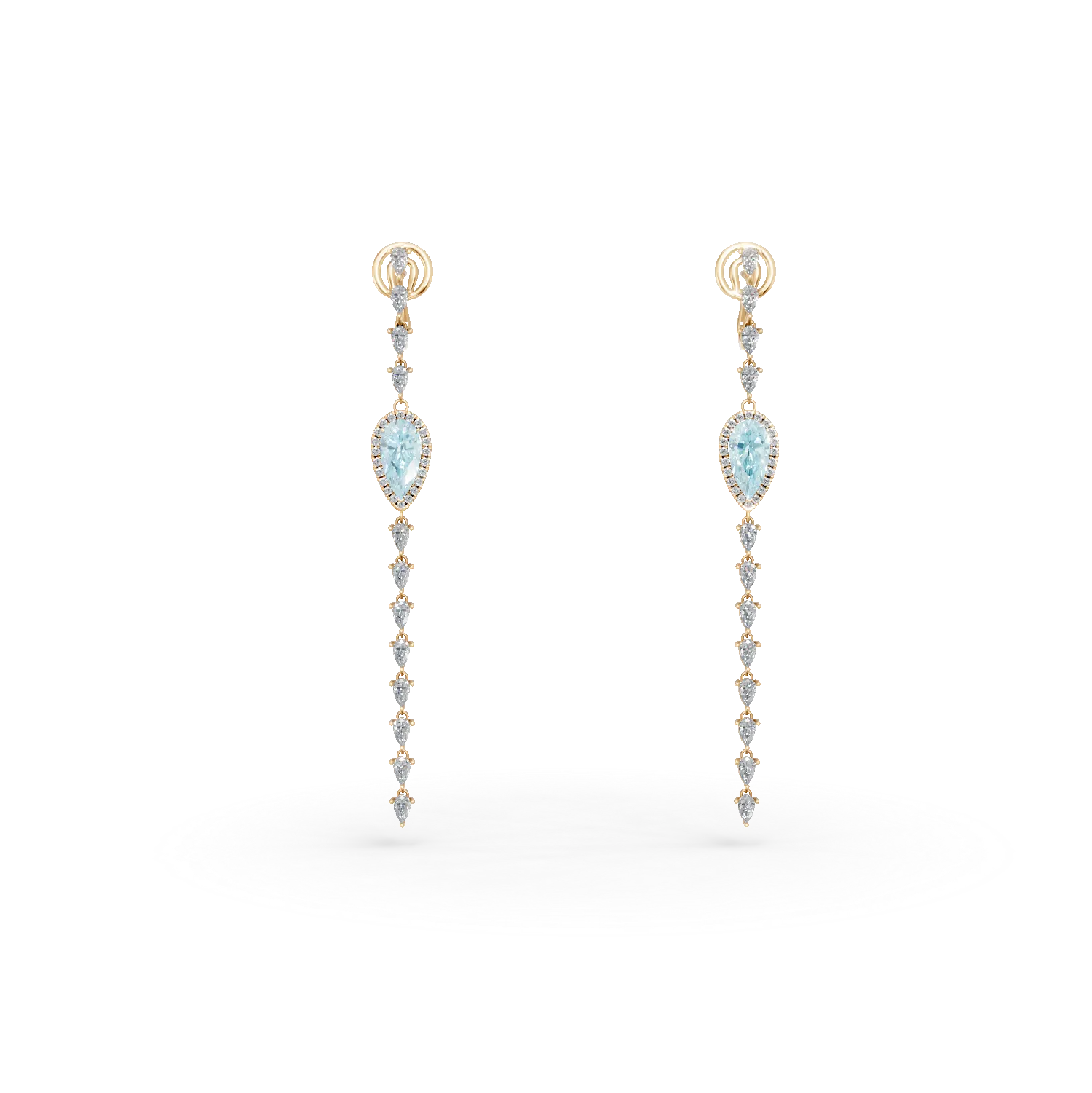 Cercei lungi din aur roz cu acvamarine pear de 3.5ct si diamante round de 3.8ct