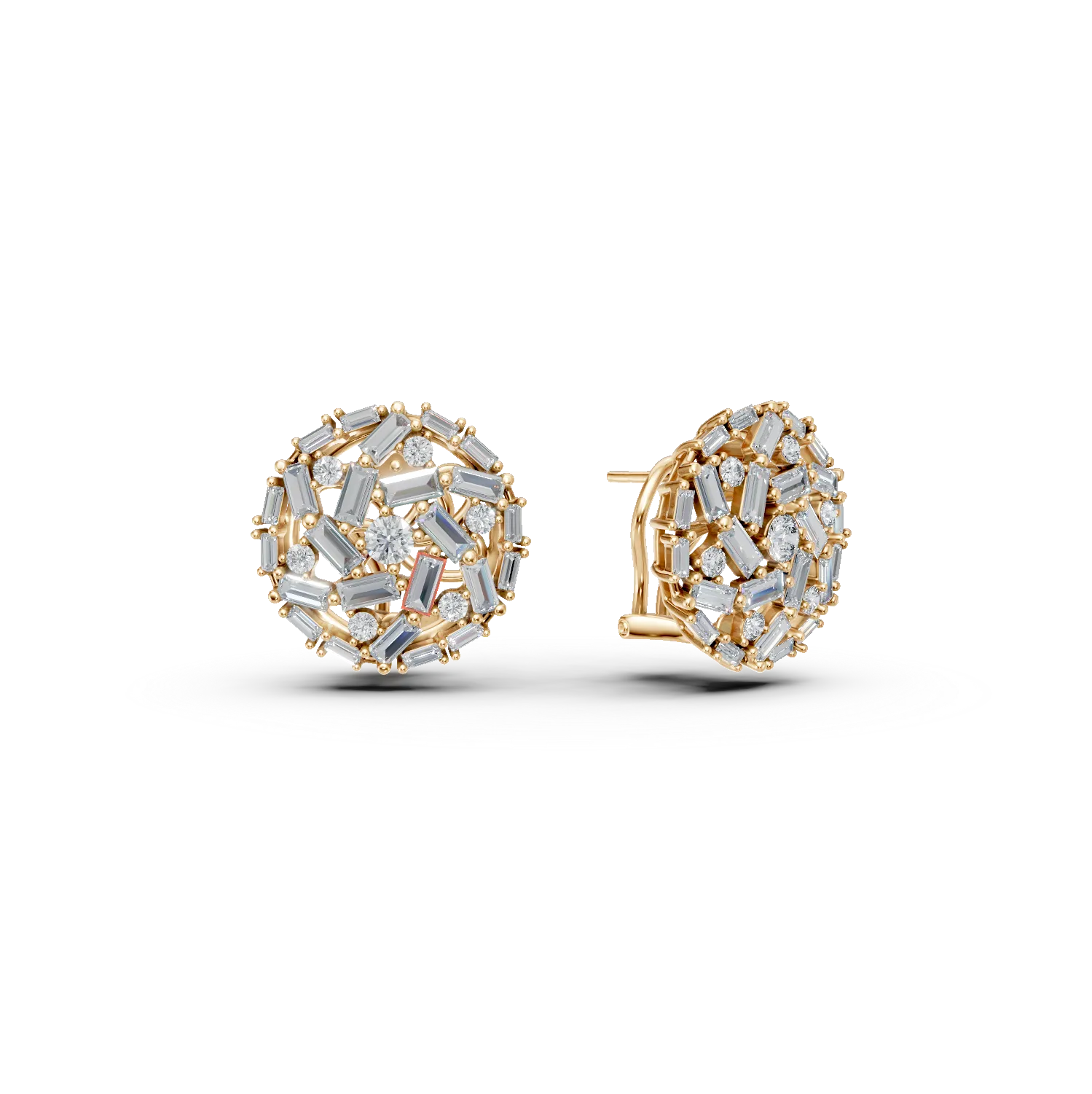 Cercei rotunzi din aur galben cu diamante baguette si rotunde de 2.1ct