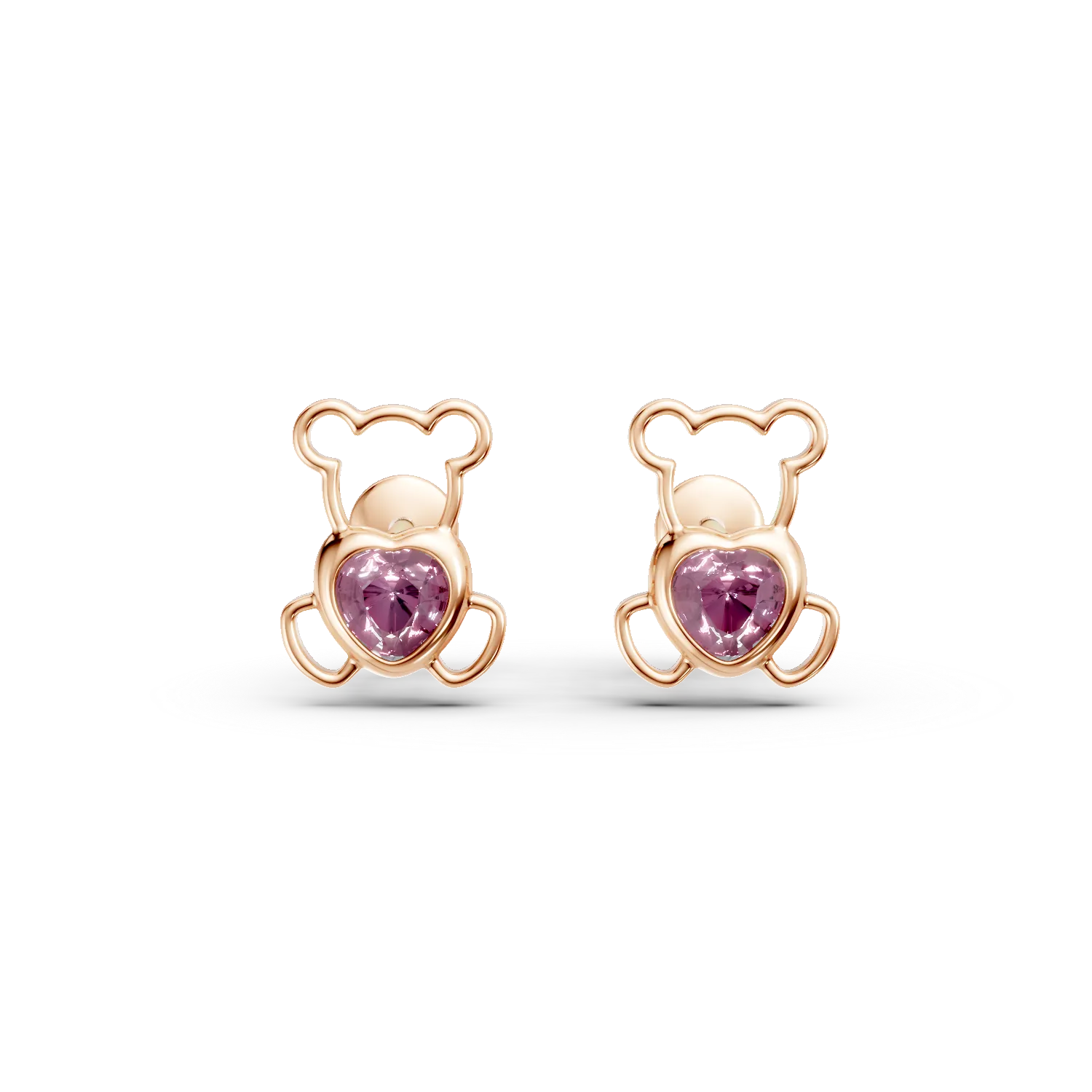 Cercei ursulet din aur roz cu safire roz heart de 0.2ct pentru copii