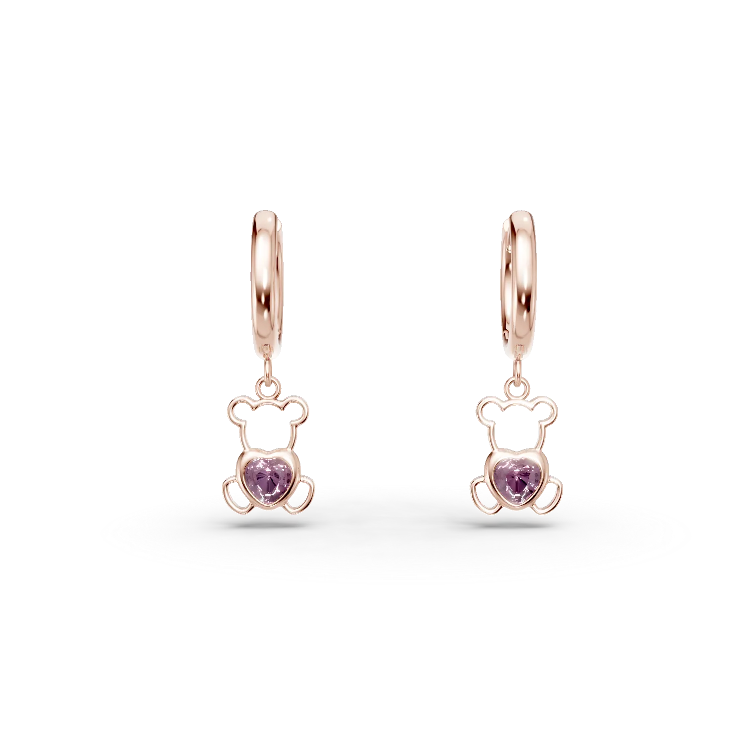 Cercei ursulet din aur roz cu safire roz heart de 0.2ct pentru copii