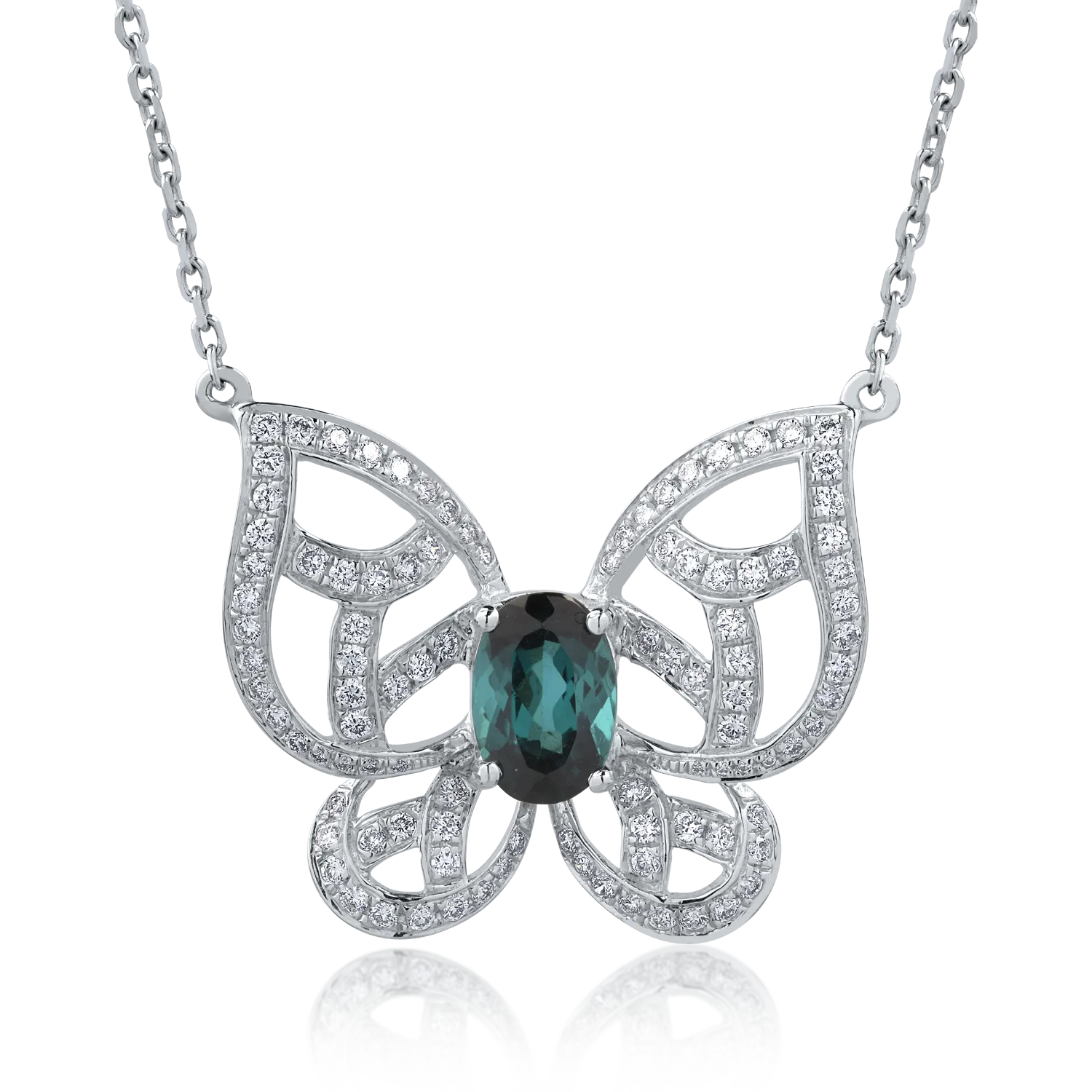 Colier cu fluture din aur alb cu turmalina verde ovala de 1.12ct si diamante de 0.54ct