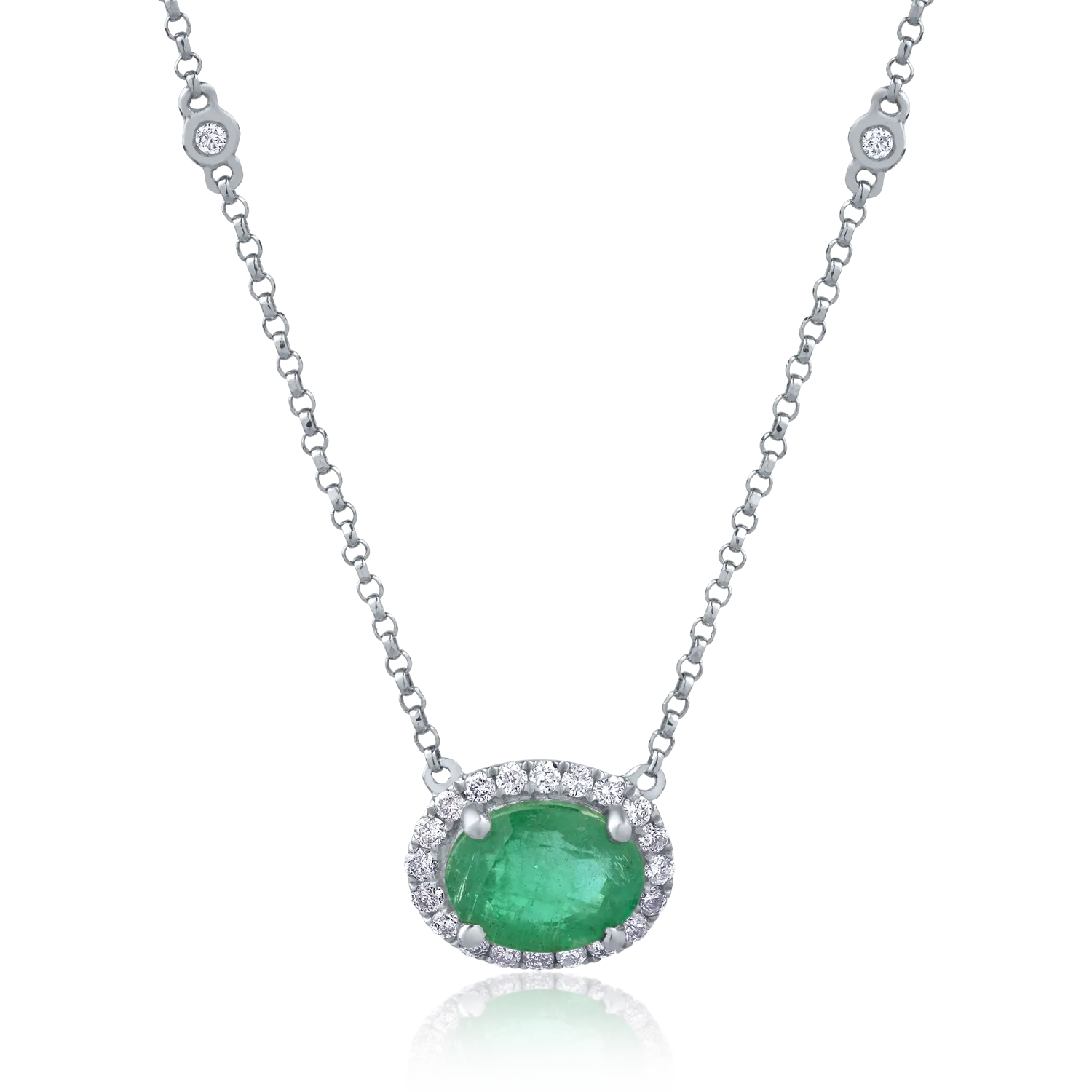 Colier din aur alb cu smarald oval de 1.2ct si diamante de 0.2ct