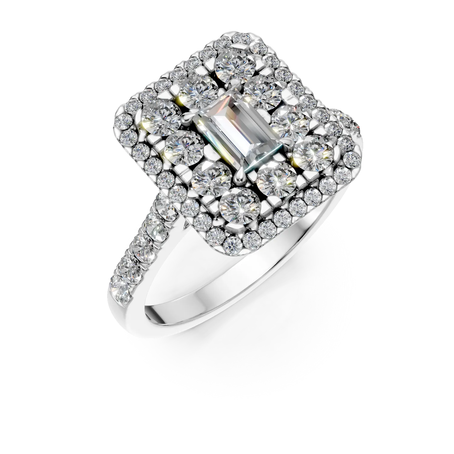 Inel Destiny din aur alb cu diamante emerald si rotunde de 1ct create in laborator 1 Inel Destiny din aur alb cu diamante emerald si rotunde de 1ct create in laborator