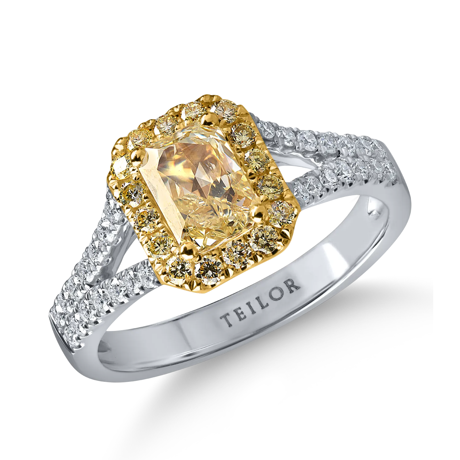 Inel clasic din aur alb-galben cu diamante galbene rectangulare si rotunde si incolore de 1.5ct