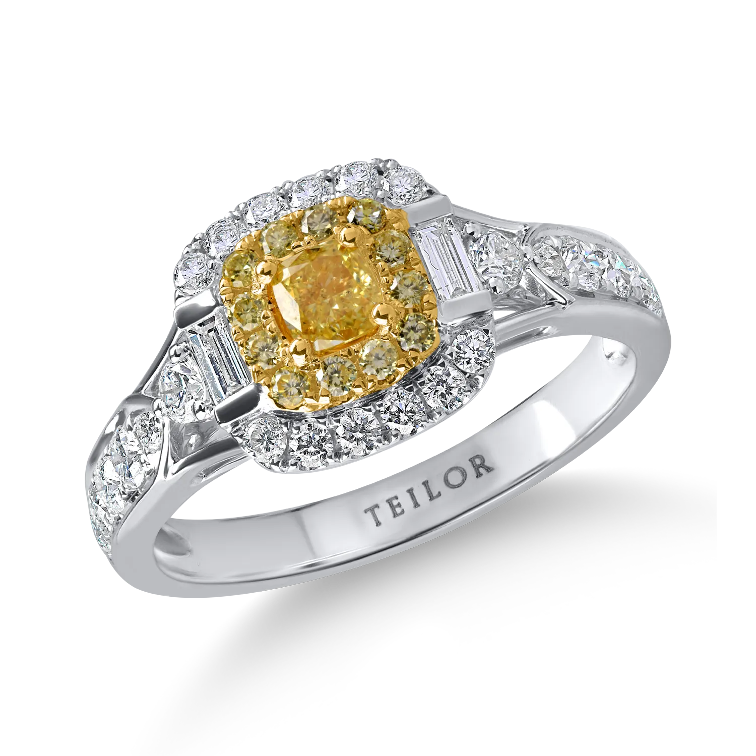 Inel clasic din aur alb-galben cu diamante galbene cushion si rotunde si diamante incolore baguette si rotunde de 1.6ct