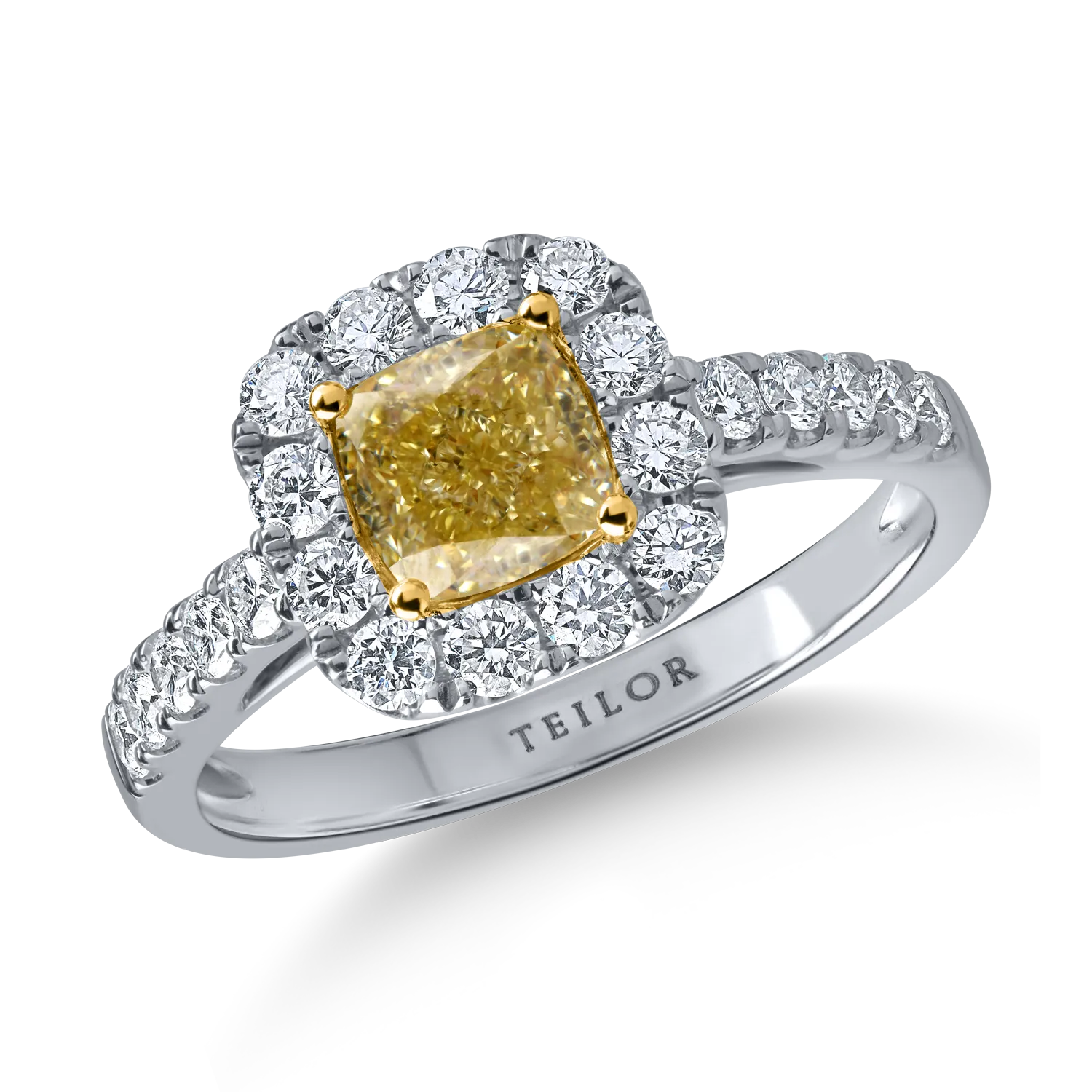 Inel clasic din aur alb-galben cu diamante galbene cushion si diamante incolore de 1.7ct