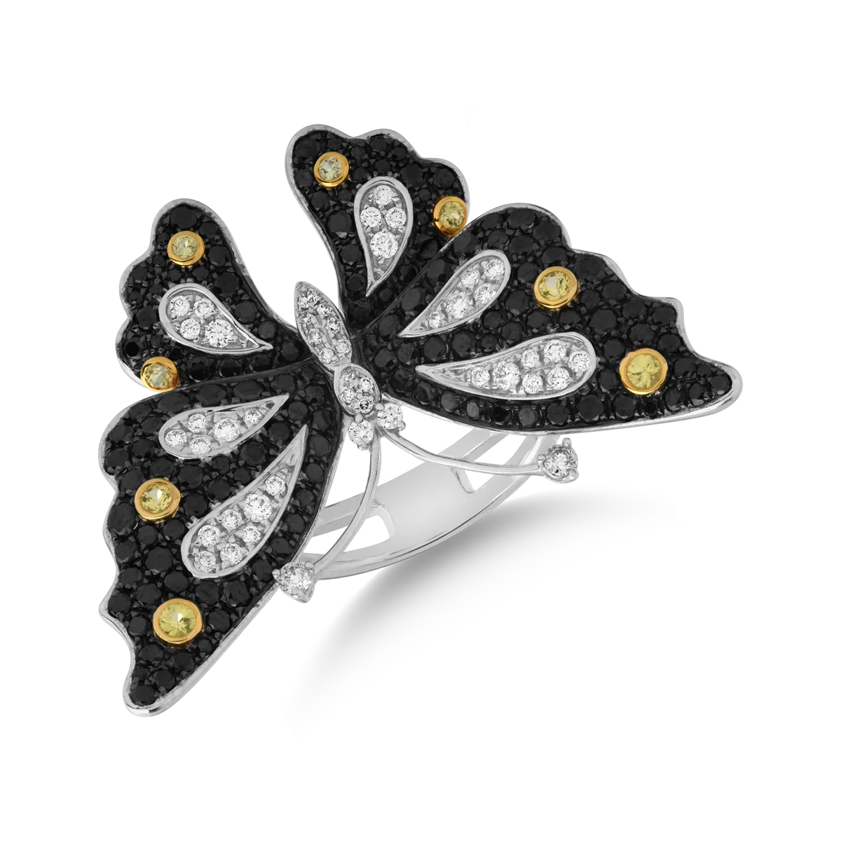 Inel cu fluture din aur alb cu diamante de 2.63ct si safire galbene de 0.24ct
