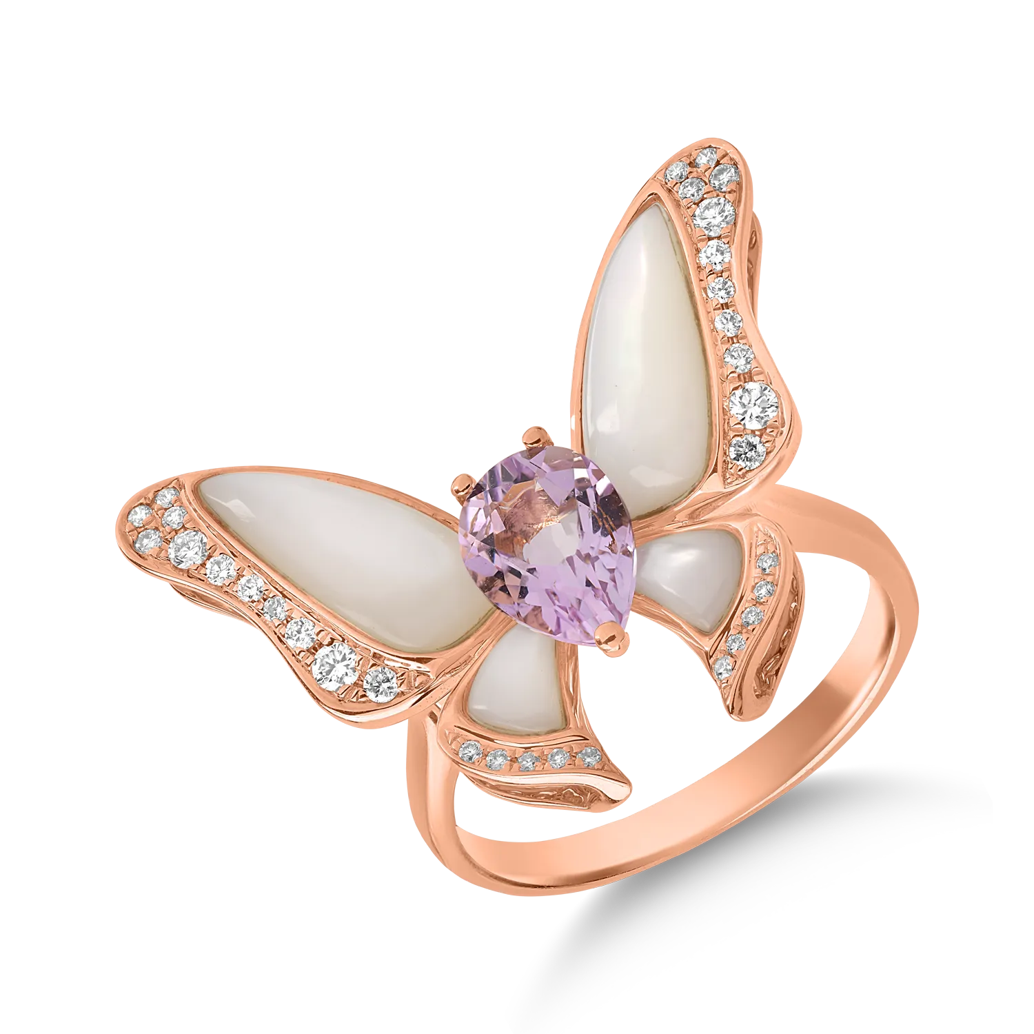 Inel cu fluture din aur roz cu pietre pretioase si semipretioase de 4.2ct