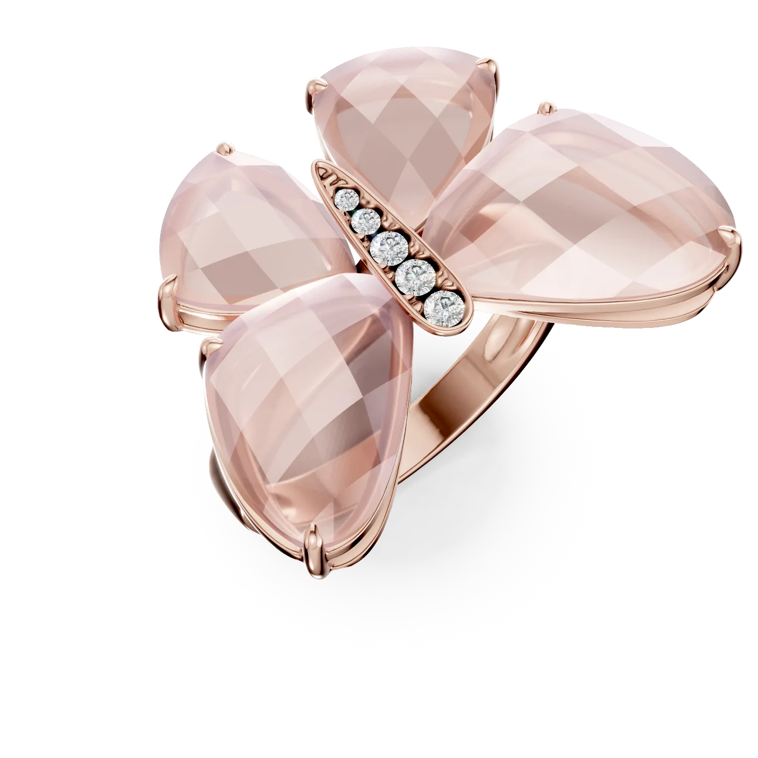 Inel cu fluture din aur roz cu quartz trandafirii de 11.4ct si diamante de 0.07ct